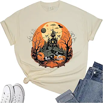Women's Halloween Shirt: Crewneck Art Patterns Short Sleeve Halloween Party T-Shirt
