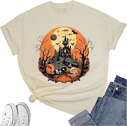 Women's Halloween Shirt: Crewneck Art Patterns Short Sleeve Halloween Party T-Shirt