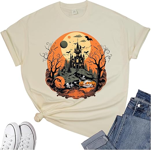 Women's Halloween Shirt: Crewneck Art Patterns Short Sleeve Halloween Party T-Shirt