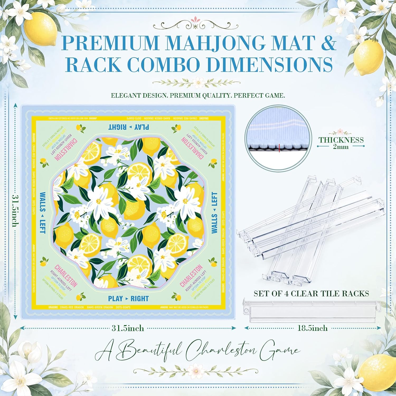31.5 x 31.5 Yellow Lemon American Mahjong Mat with Rules, No Creases, Ships Rolled, and 4 Racks with Pushers, Non-Slip Noise Reduction Gaming Mat Set for Mahjong Poker Board Games Dominoes