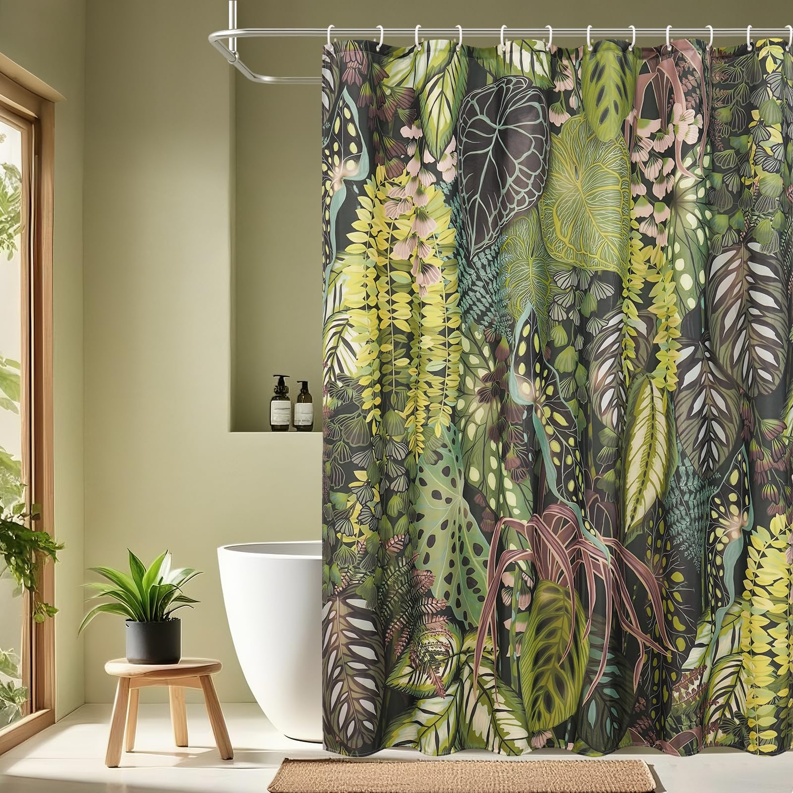 EurCross Tropical Jungle Green Shower Curtains, Waterproof Bathroom Curtain Mould Proof With Antirust Holes