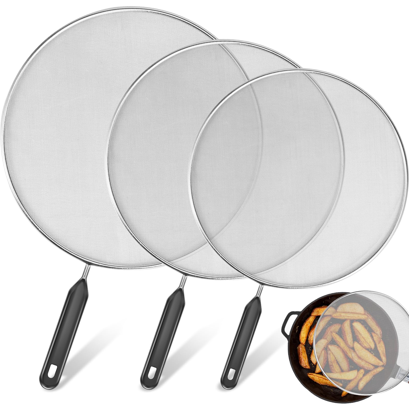 GUIJZSLTRG 3Pcs Grease Splatter Guard, Mesh Splatter Screen with Handle, Stainless Steel Splash Guard Temperature Resistant Splatter Screen Strainer 9.8 in+11.4 in+13 in for Cooking Frying Pan