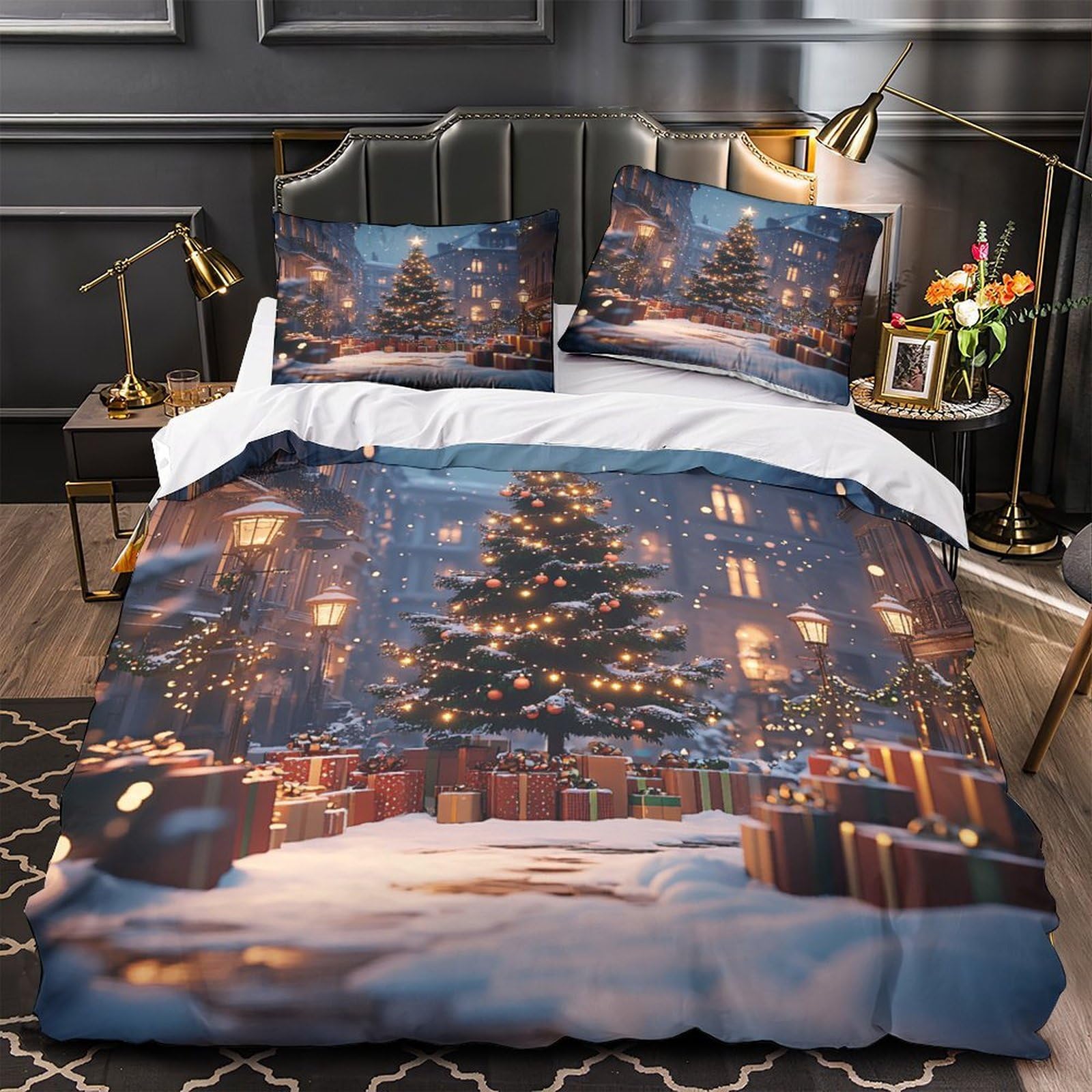 MMDASBVPE ChristmasTree Quilt Cover 3D Print Easy Care 3 Pieces Bed Set Hidden Zipper FestiveUrbanScene Duvet Cover Extra Soft Hypoallergenic for Adults Kids Teens Women Youth King（220x240cm）
