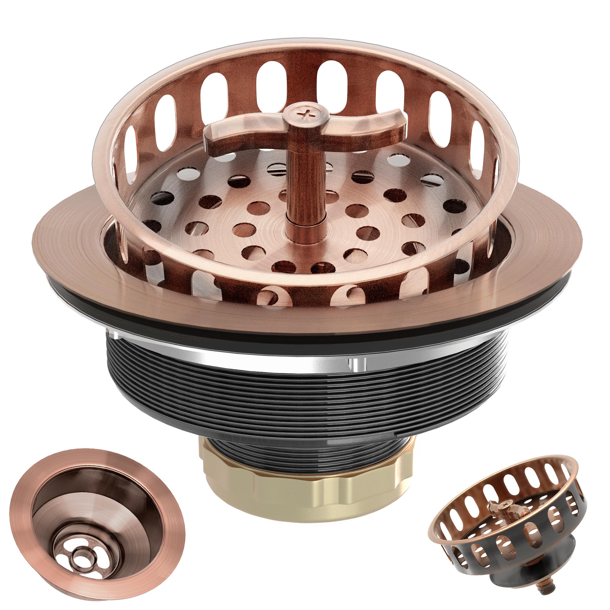 Kitchen Sink Drain Assembly 3-1/2 Inch Stainless Steel Kitchen Drain with T-Shaped Sink Strainer Basket and Drain Stopper for Standard Kitchen Sink Antique Copper