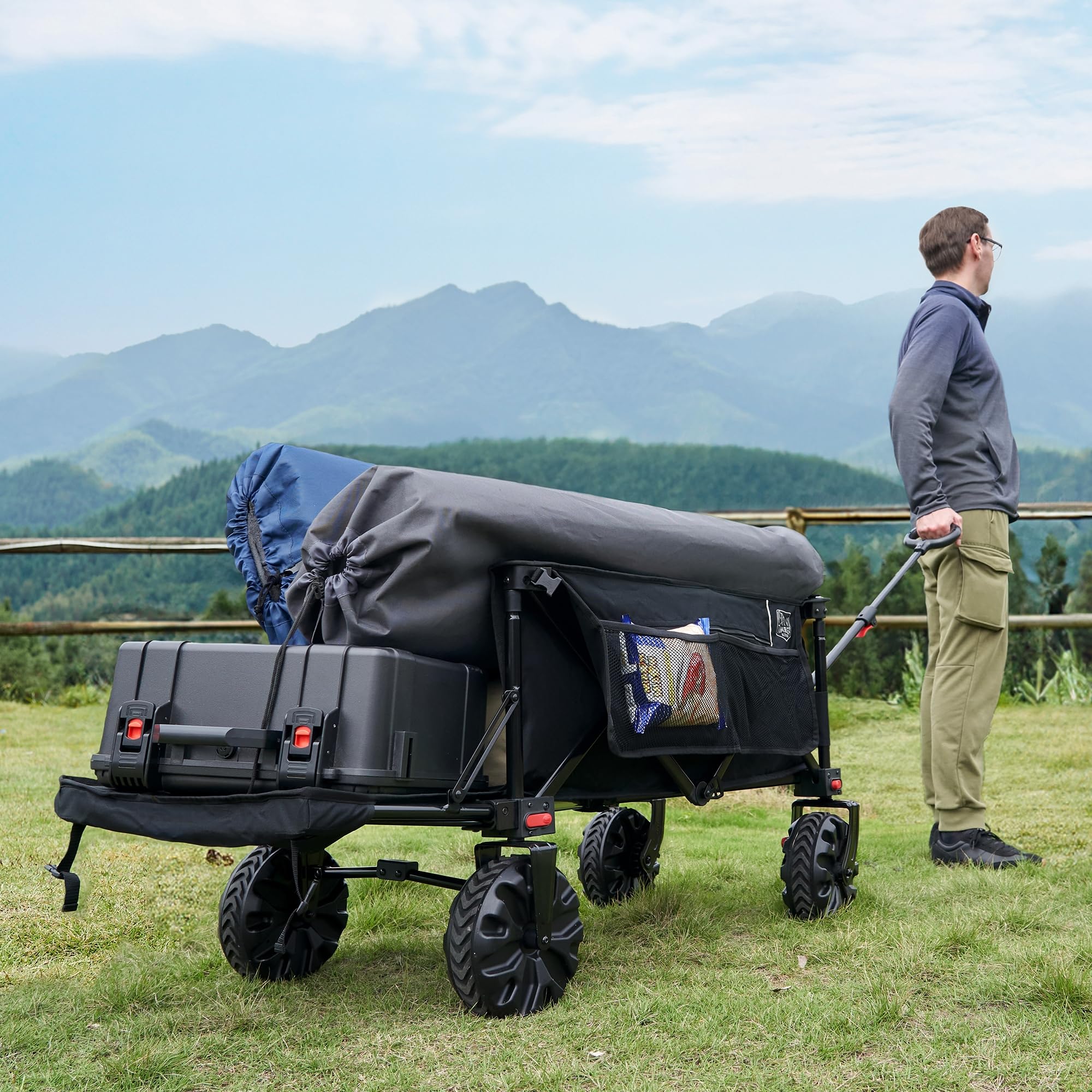 TIMBER RIDGE Chariot de Plage Pliable XXXL avec Hayon 135 kg Chariot de Festival Pliant Robuste Roues Larges Amovibles et Poignée Réglable pour Camping Jardin Shopping Noir