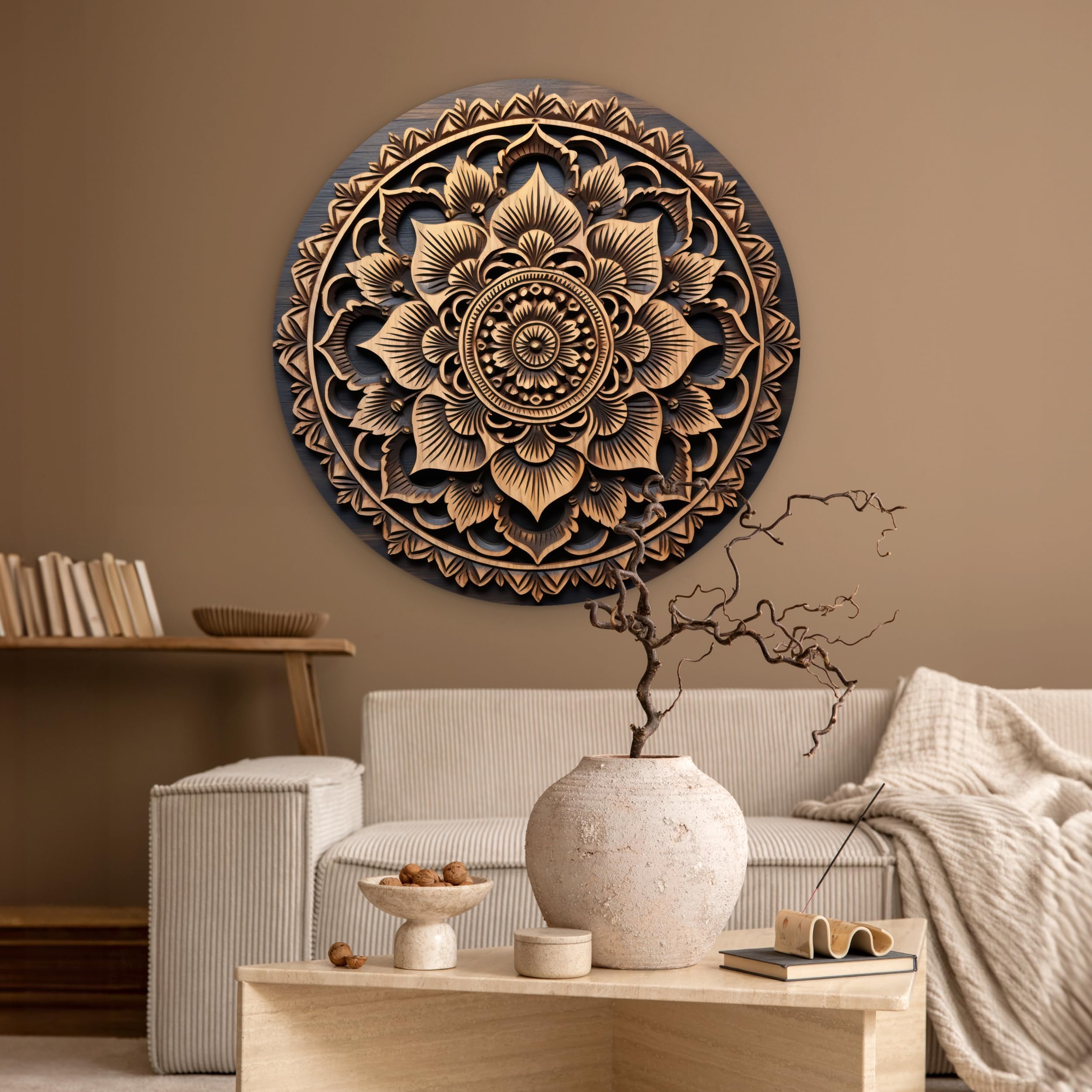 MuchoWow© Quadro Rotondo Ø90 cm Salotto Ufficio Cuadro Moderne Finestre Design Murale Bedroom Stanza Fiori Natura Soggiorni Grande Pareti Mandala - Legno - Marrone