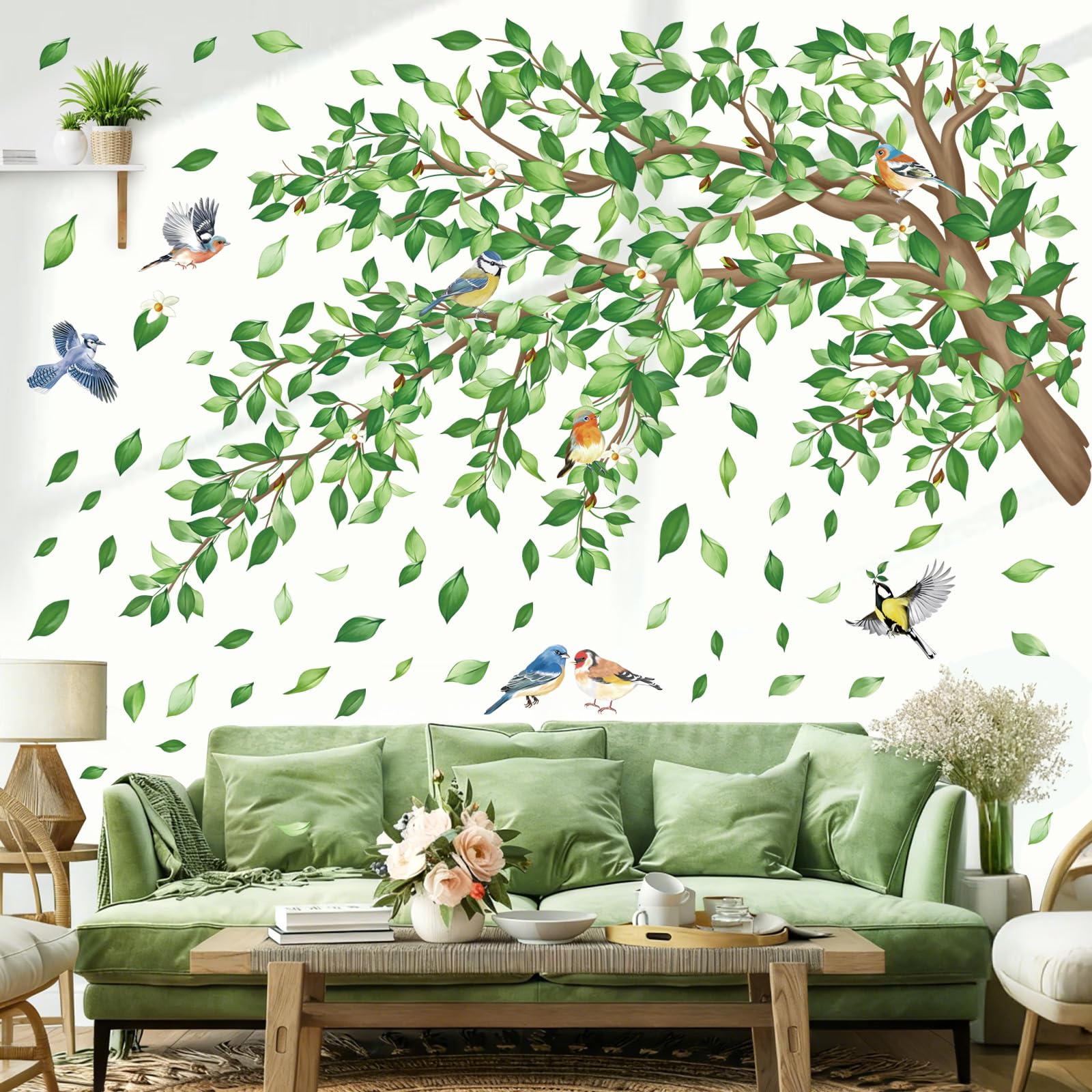 decalmile Stickers Muraux Grand Branche de Arbre Verts Autocollant Mural Feuilles Plantes Verts Oiseaux Décoration Murale Salon Chambre à Coucher Bureau Mur TV