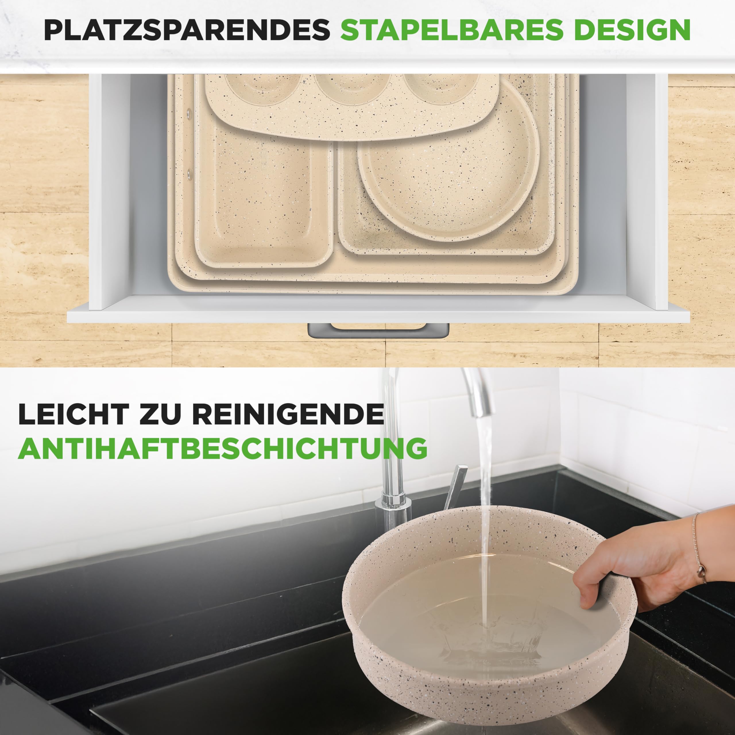 NutriChef 8-teiliges stapelbares Backformen-Set aus Karbonstahl | Antihaft, PFOA- & PFOS-frei | Ofenfest bis 232 °C Mit Backblech, Muffinform, runder, eckiger, Kasten- & tiefer Kuchenform Marmor-Crème