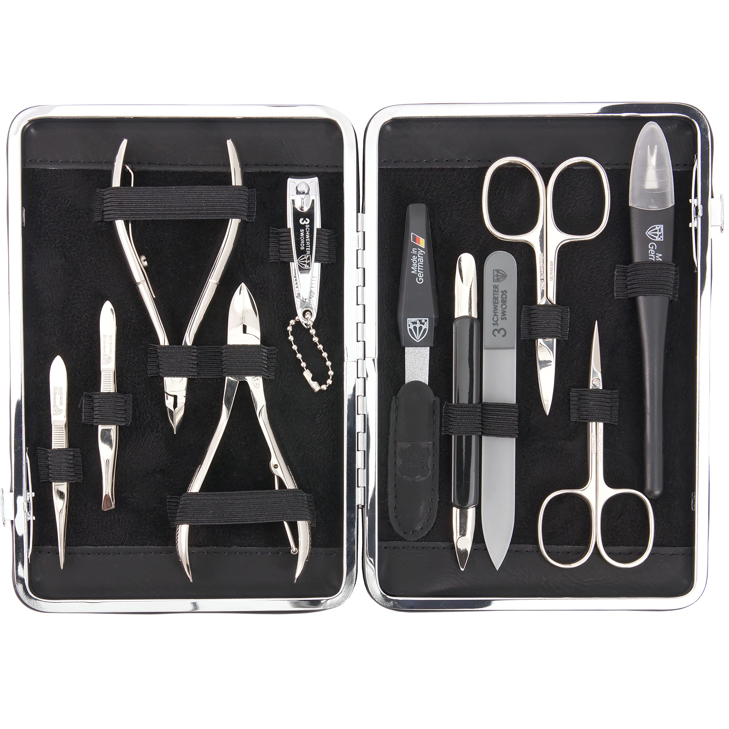 3 Swords Germany - brand quality 11 piece manicure pedicure grooming kit set for professional finger & toe nail care scissors clipper black genuine