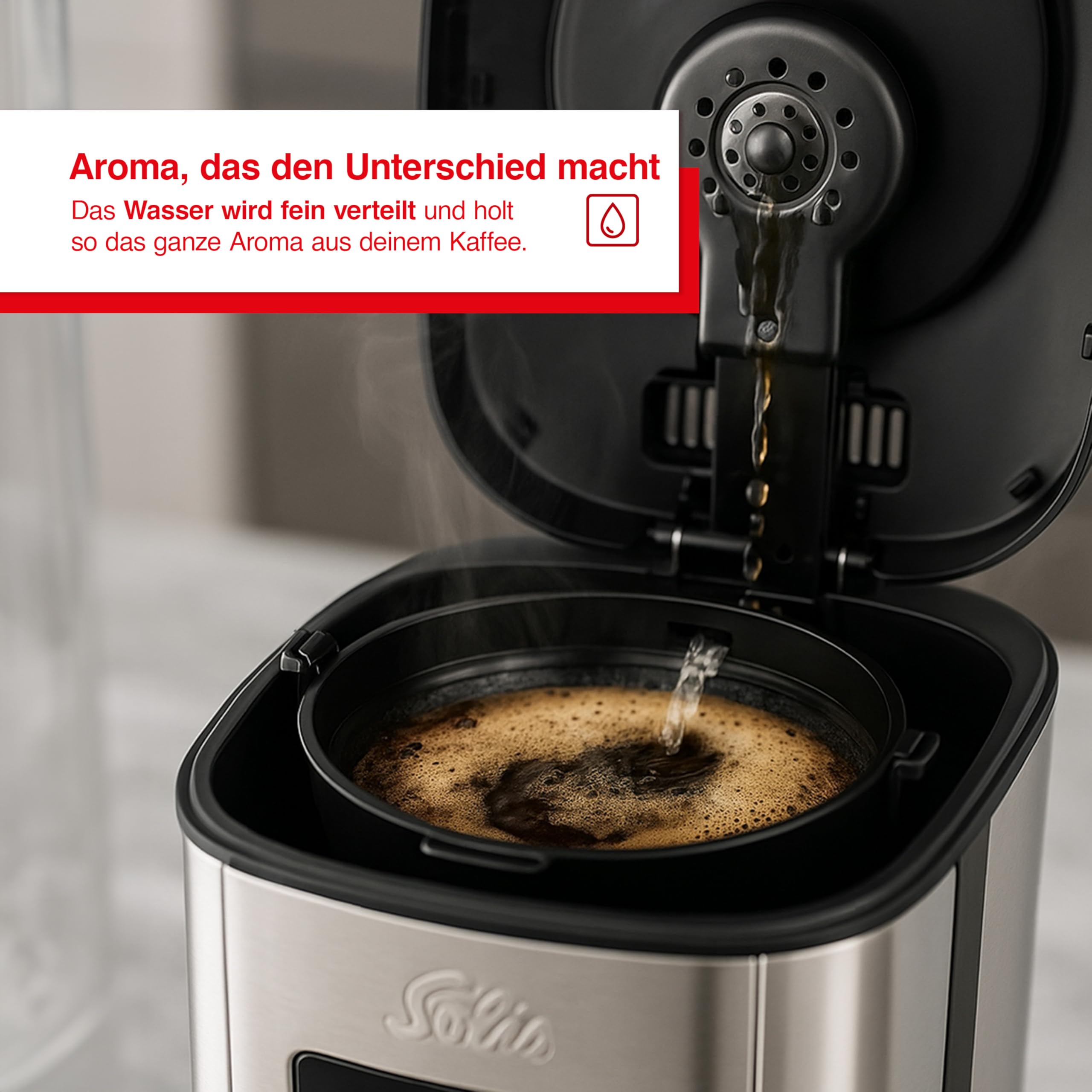 Solis Aroma Brewer Filterkaffeemaschine Typ 1021 – Frisch gebrühter Kaffee auf Knopfdruck, mit Timer, Aromawahlschalter, 1,8L Wassertank, Warmhaltefunktion, Edelstahl-Design, Glaskanne & Dosierlöffel