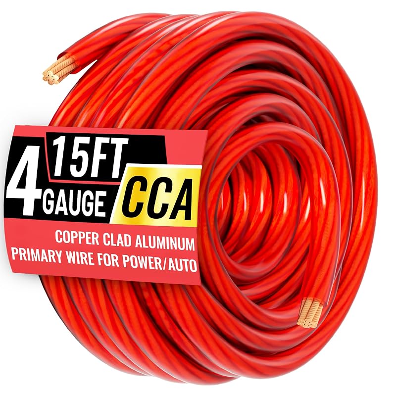 Cabo automotivo de bateria 4 AWG vermelho em CCA com capa translúcida, 4 AWG e 4,57 m, energeaster