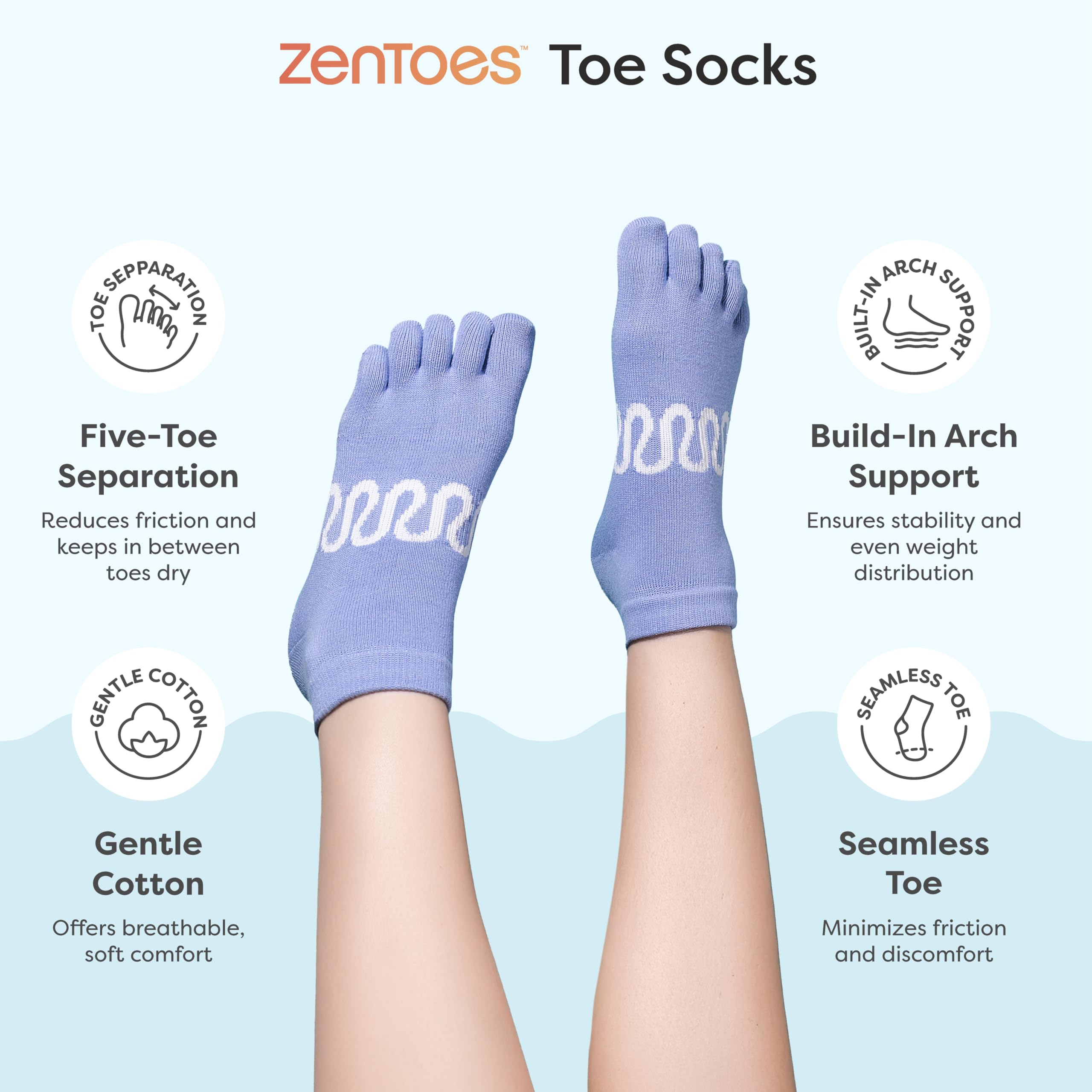ZenToes Calcetines de pilates para mujer, calcetines antideslizantes de algodón para yoga, calcetines para reducir el roce y prevenir ampollas
