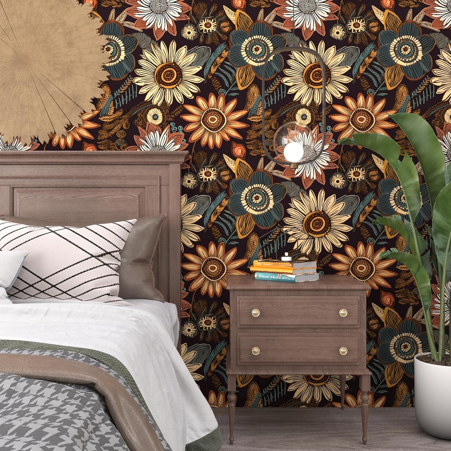 Boho Peel and Stick Wallpaper 17.5in x 393in Dark Floral Botanical Wall Paper Vinyl Waterproof Self-Adhesive Vintage Floral Contact Paper for Walls Drawers Bookcase Cabinets