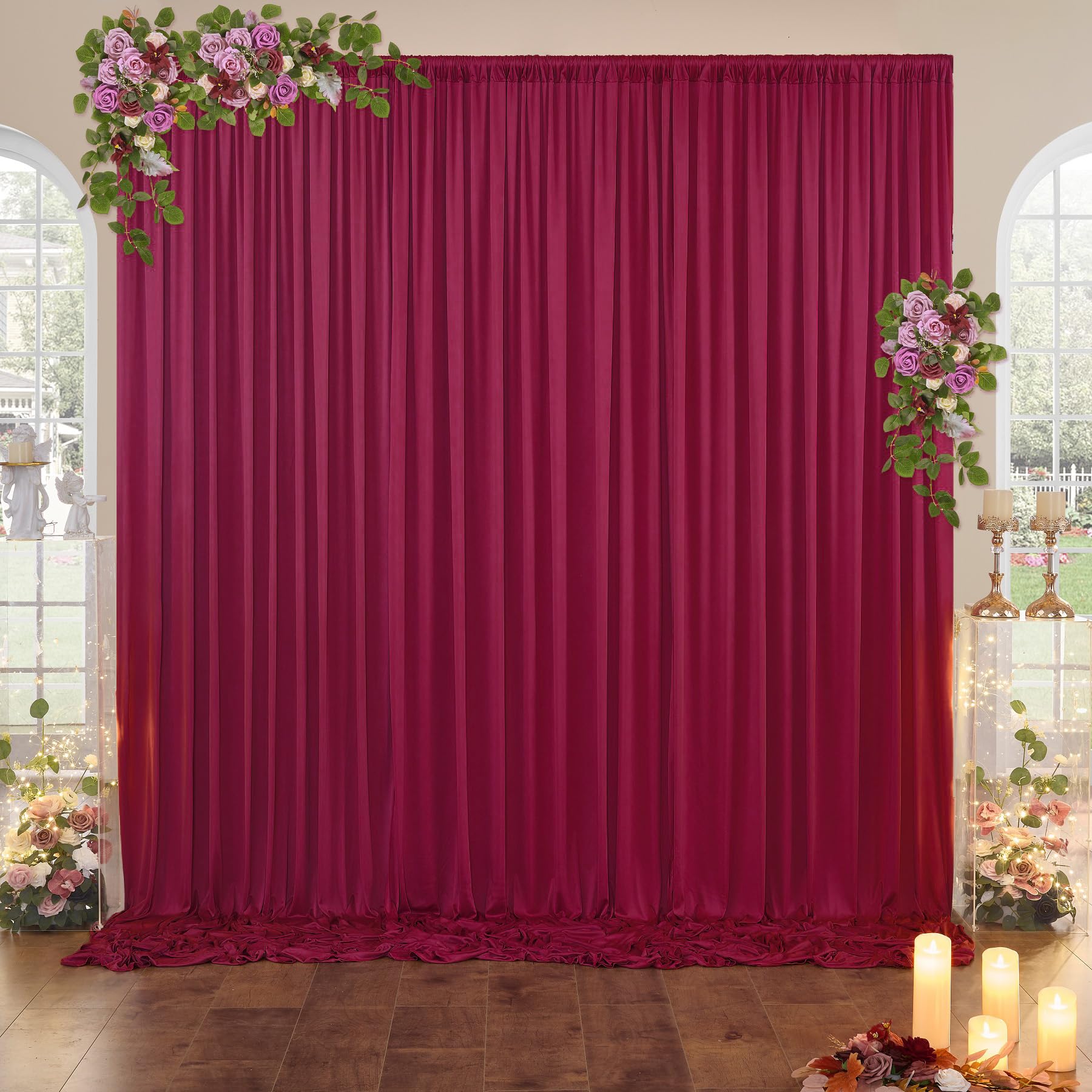 40 ft x 10 ft Wrinkle Free Maroon Backdrop Curtain for Parties, Polyester Burgundy Photo Backdrop Drapes 8 Panels 5x10ft for Baby Shower Wedding Birthday Party Engagement Ceremony Decoration