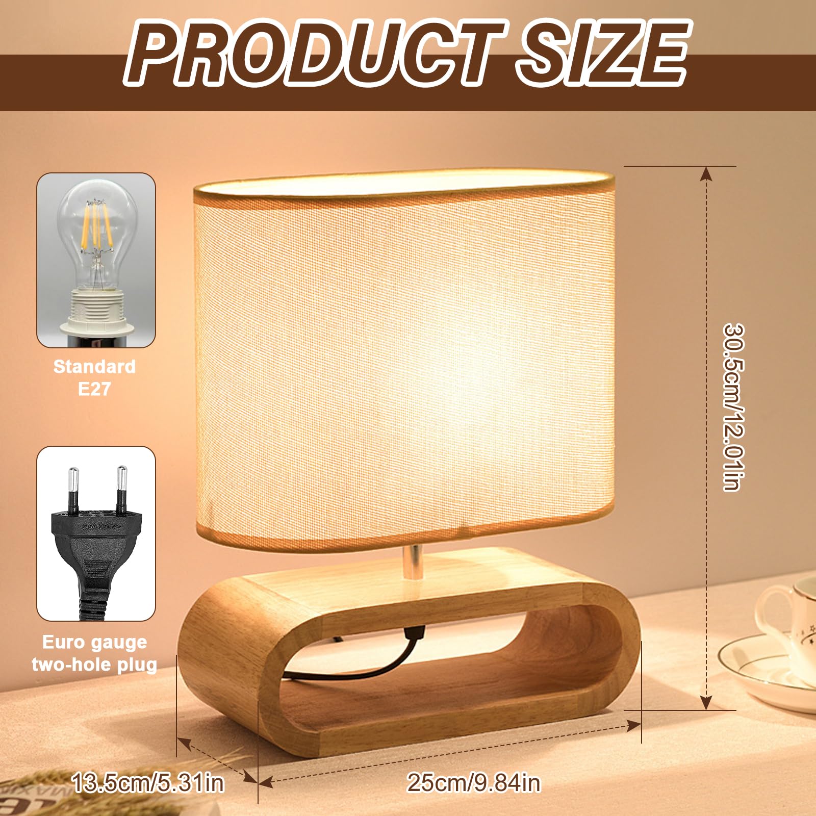 Lampada da comodino in legno, lampada da tavolo con attacco E27, lampada in legno con paralume in lino, stile country, illuminazione vintage per camera da letto e soggiorno, beige | Moderna lampada da