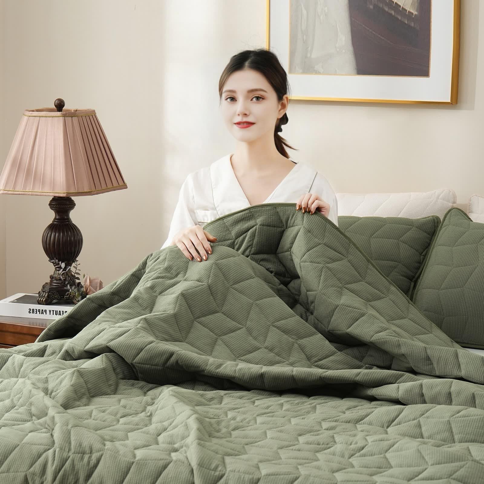 Amazon｜HiSnug シアサッカーキルトセット クイーンサイズ - グリーン