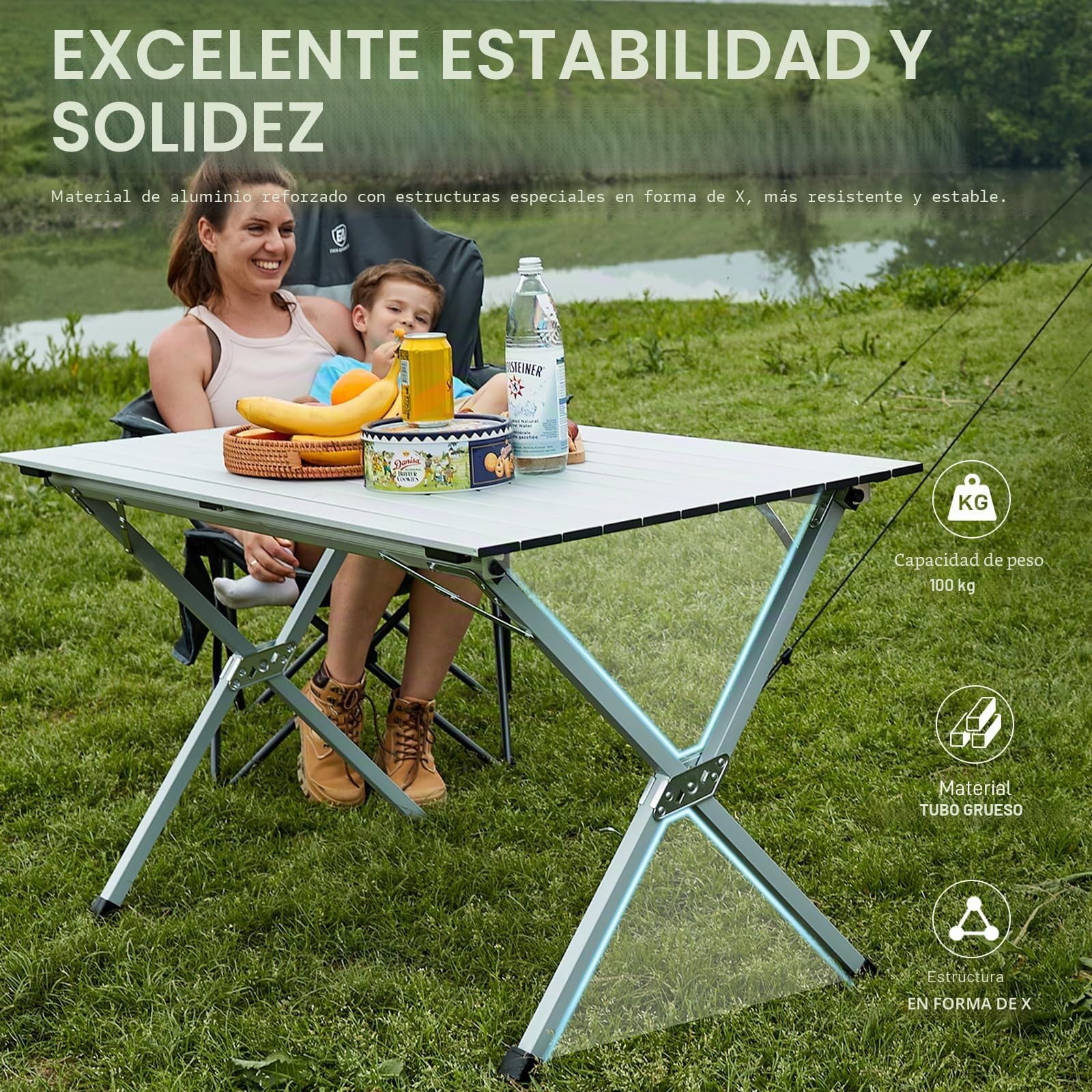 EVER ADVANCED Mesa de Camping Plegable Aluminio 120X70CM Mesa Plegable 100KG Cargable Tablero Enrollable para 4-6 Personas, Mesas de Picnic con Bolsa de Transporte para Camping Picnic Jardín Balcón