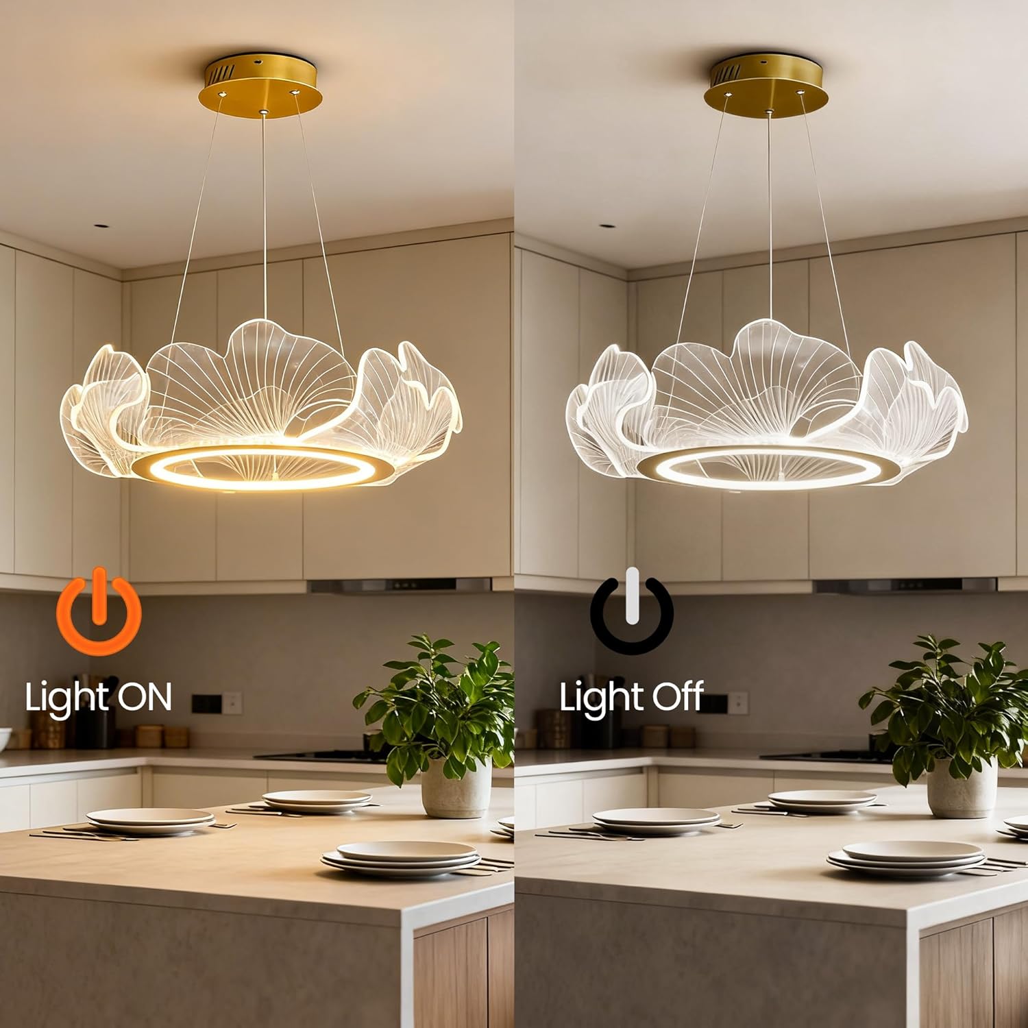 19" Modern LED Gold Chandelier, 3-Color Change Modern Lotus Leaf Shaped LED Chandelier, Adjustable Creative Acrylic Petal Pendant Light Fixture for Living Room Dining Room