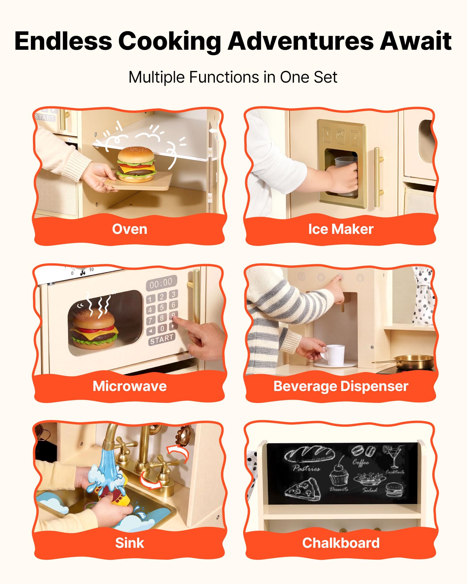 VEVOR Spielküche für Kinder, Moderne Kinderküche mit Licht & Sound, Holzküche mit Herd Backofen Spüle Mikrowelle Eisspender & Getränkespender, Küchenspielzeug mit Kochset für Kinder ab 3 Jahren, Beige