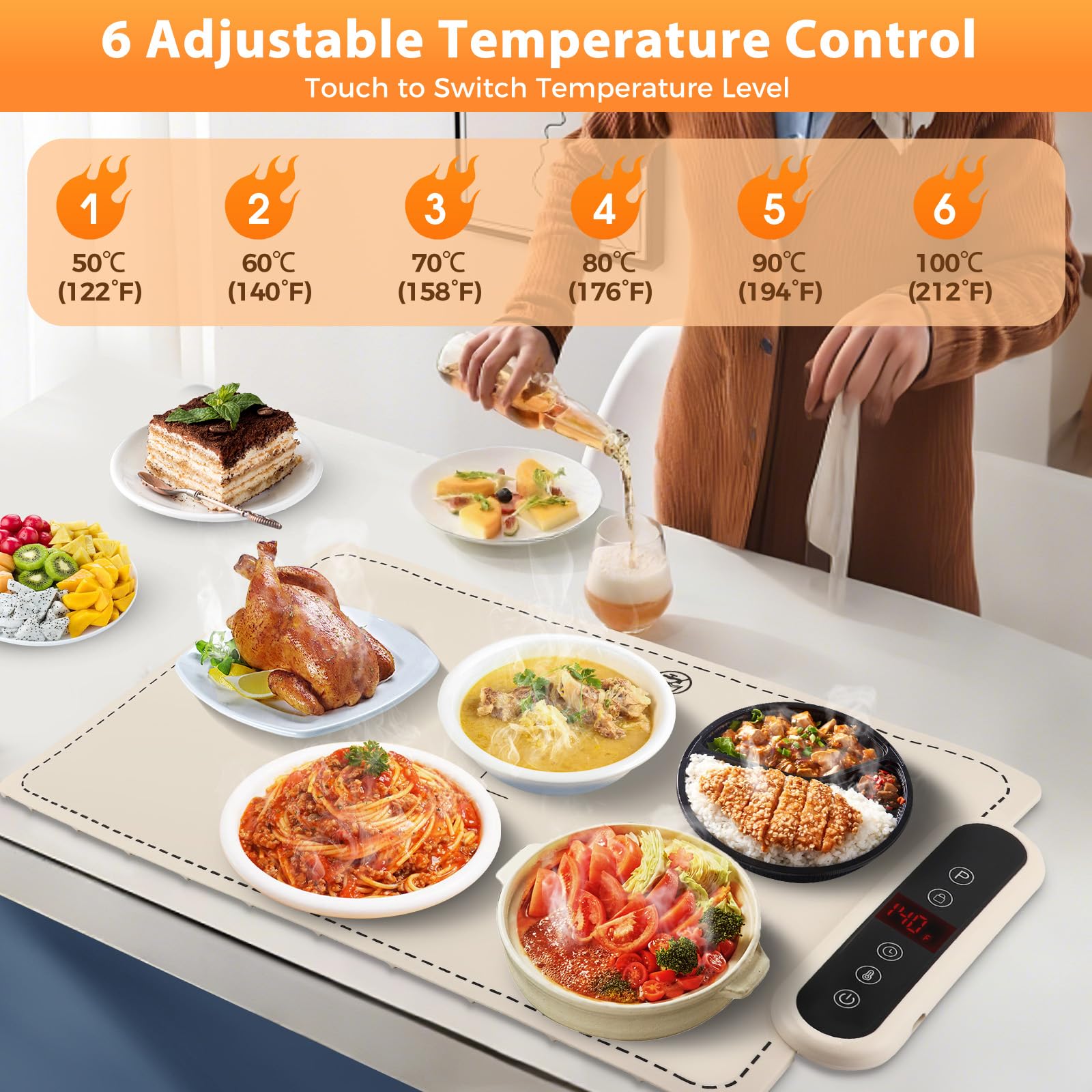 Scaldapiatti Elettrico Portatile in Silicone, 60 x 37,8 cm, 6 Livelli di Temperatura, 24 Timer, Impermeabile per Buffet e Pasti di Famiglia