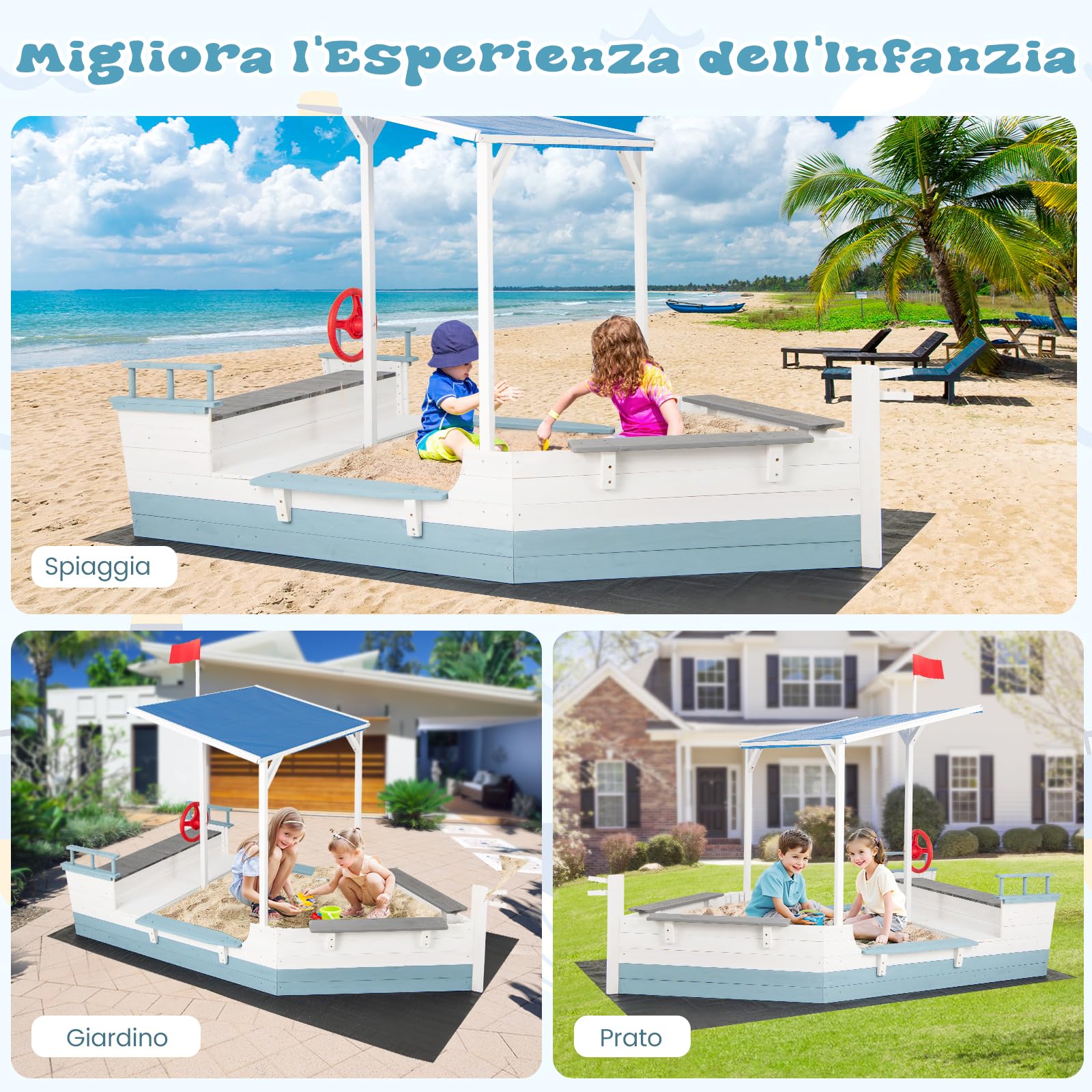 GYMAX Sabbiera in Legno di Abete, Casetta da Gioco per Giardino a Forma di Nave con Tetto Spiovente, Rivestimento, Sedili Multipli, Ampio Spazio di Stoccaggio, Sabbiera da Esterno per Bambini
