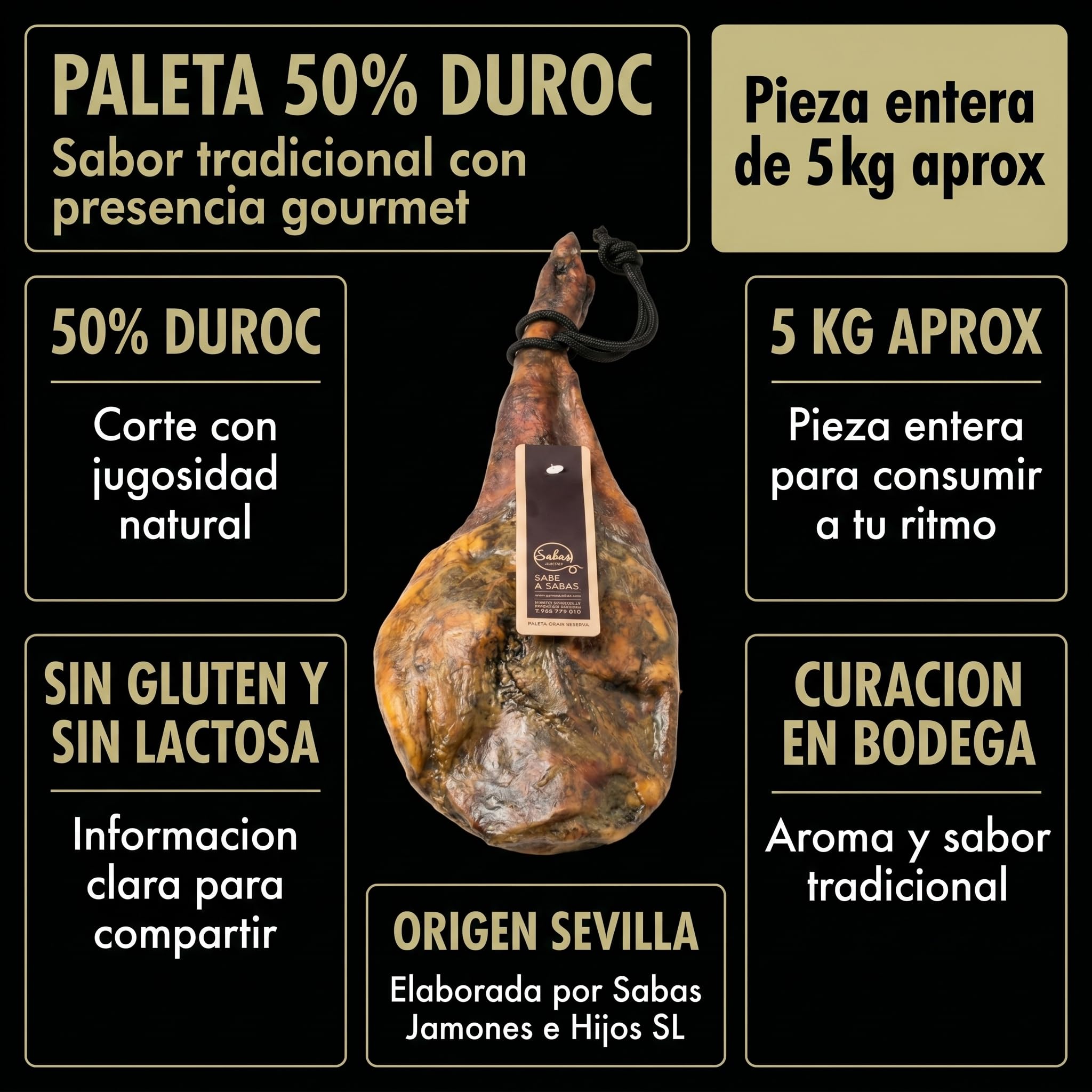 Paleta Duroc 50% Gran Reserva Curada Pieza Entera 6 kg Paletilla Serrana | Peso 5,5 a 6 kilos, secaderos naturales y bodega, sin gluten, sin lactosa ni colorantes; para tapas, tablas y regalo gourmet
