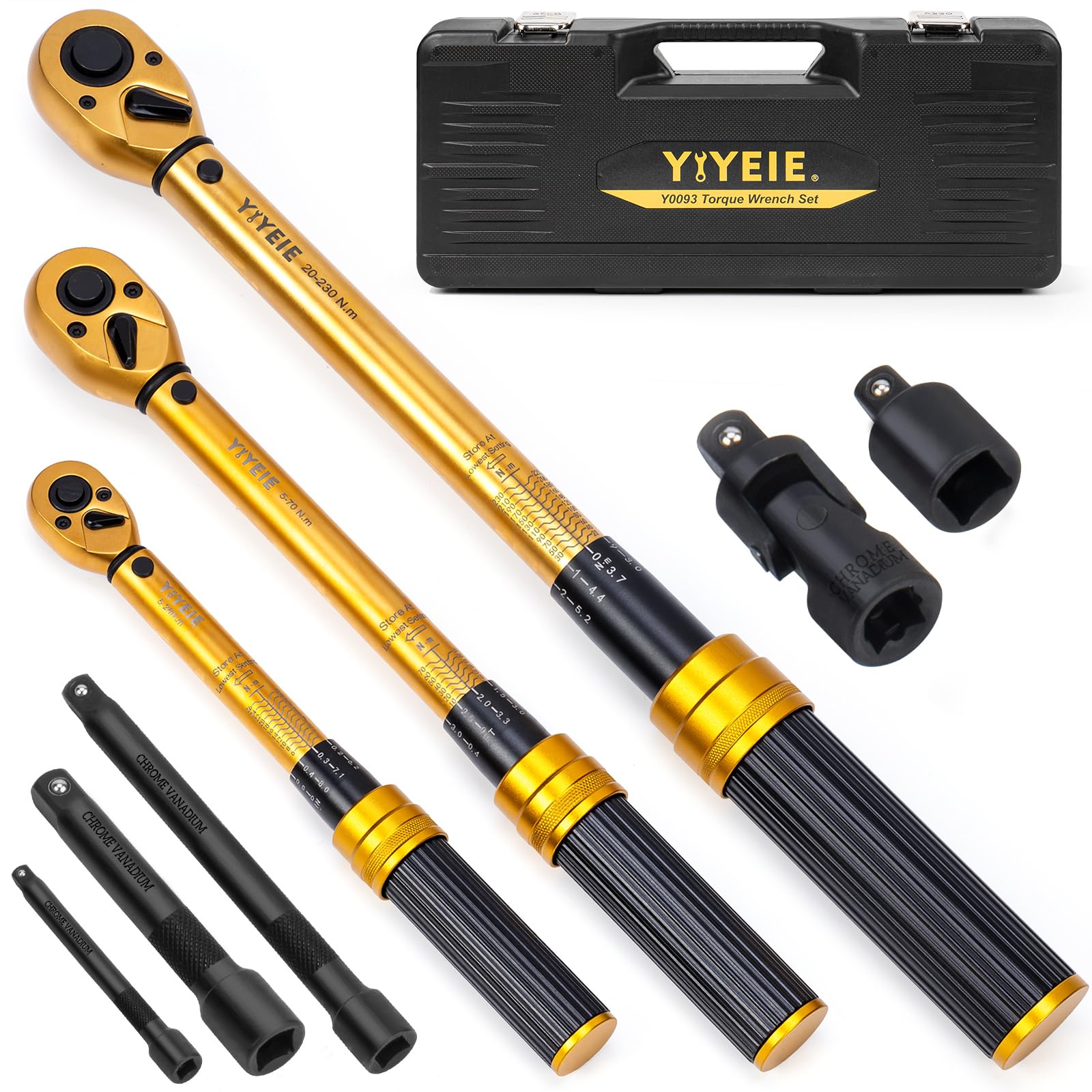 YIYEIE 8Pcs Torque Wrench Set 1/4 3/8 1/2 Drive, 5-26Nm 5-70Nm 20-230Nm, 72-Tooth Reversible Ratchet, ±3% Accuracy, Dual Scale Click Torque Wrench Kit with Storage Case for Car Moto Bike Maintenance