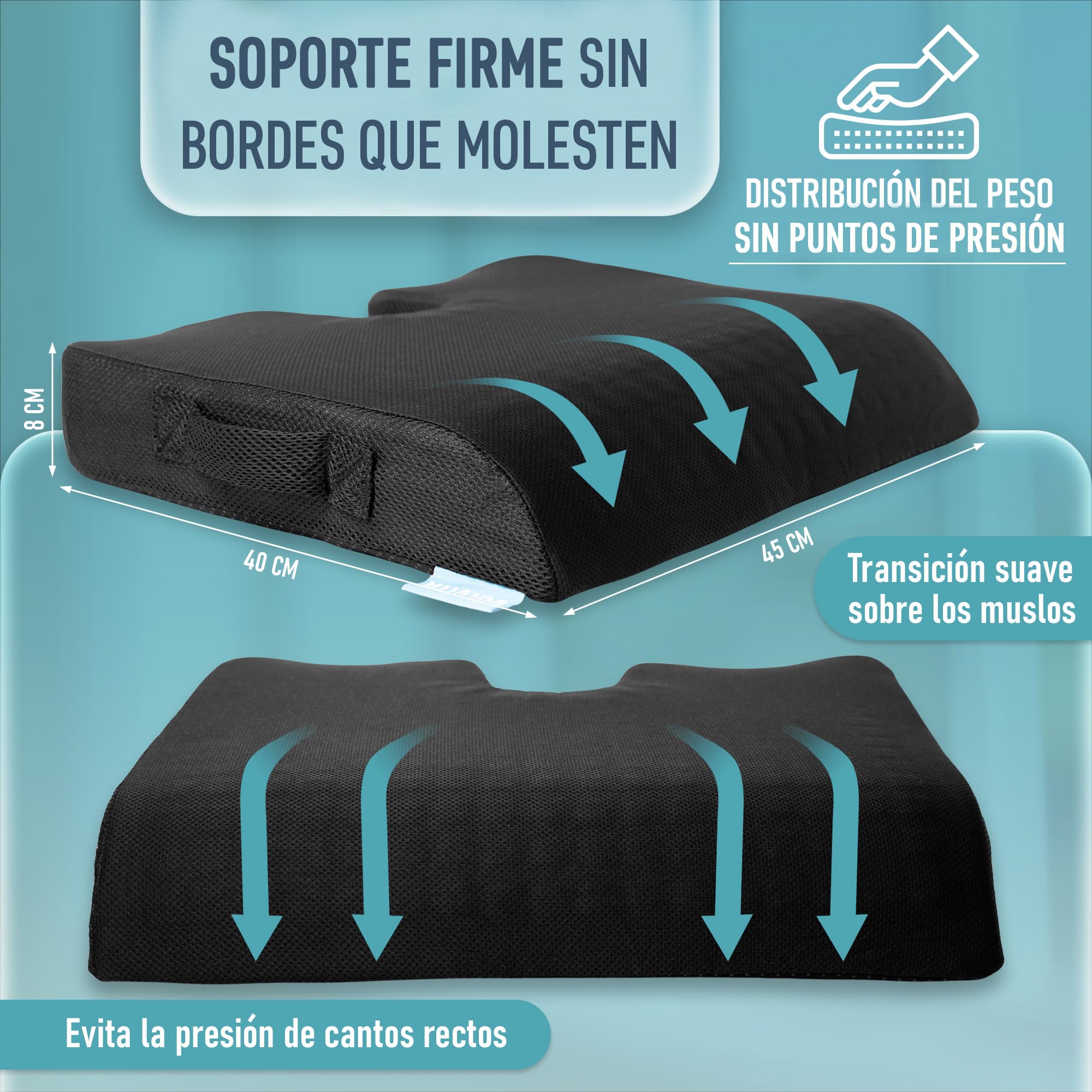 Cuscino viscoelastico con gel, supporto medio - rigido, design a U per coccige, 45 x 40 x 8 cm, fodera lavabile antiscivolo, cuscino ergonomico per sedia da ufficio, sedia a rotelle e auto