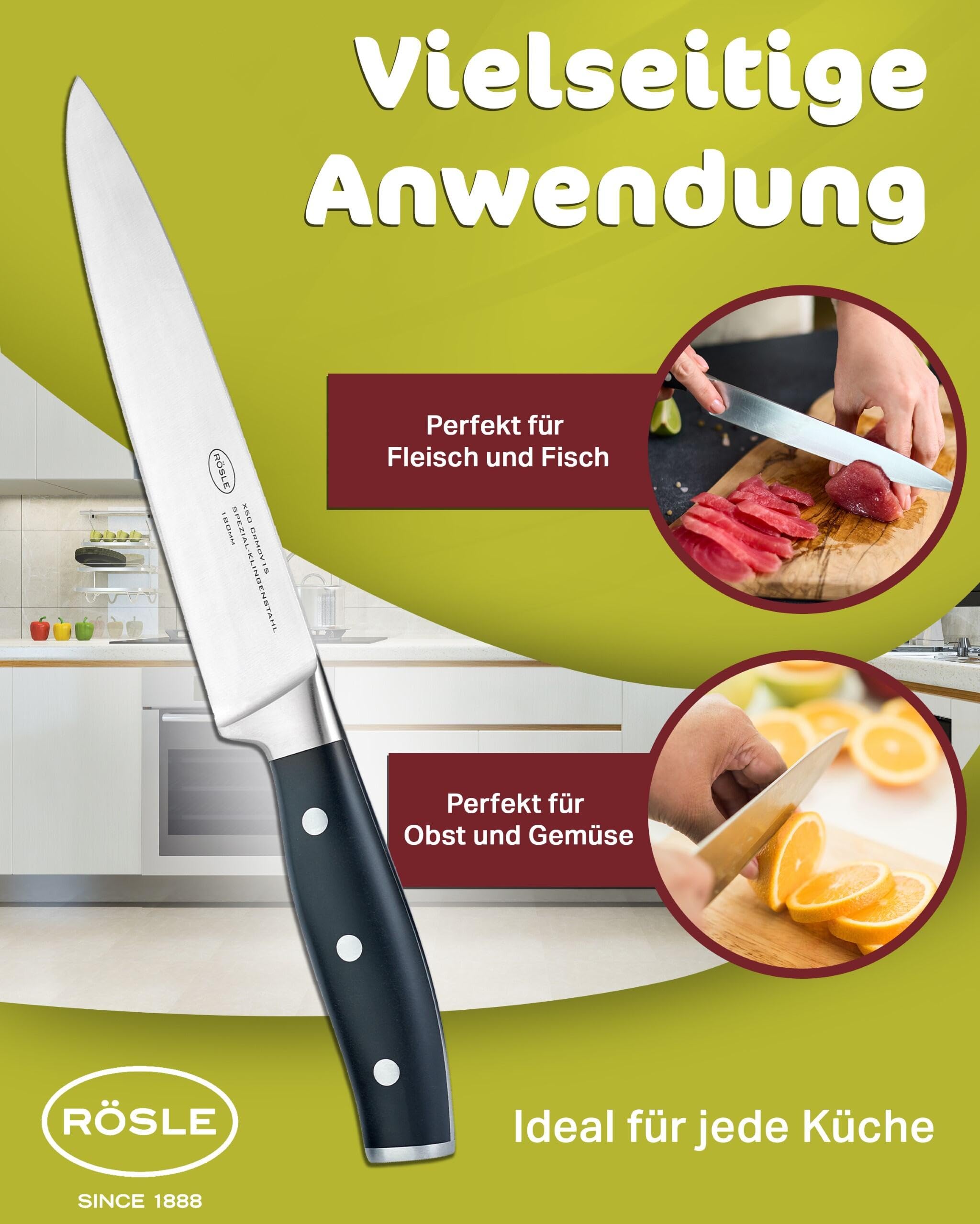 RÖSLE Fleischmesser Tradition 18 cm - Hochwertiges und scharfes Küchenmesser zum Schneiden von Fleisch und Tranchieren von Filets, ein scharfes Kochmesser mit ergonomischem Griff und Fingerschutz