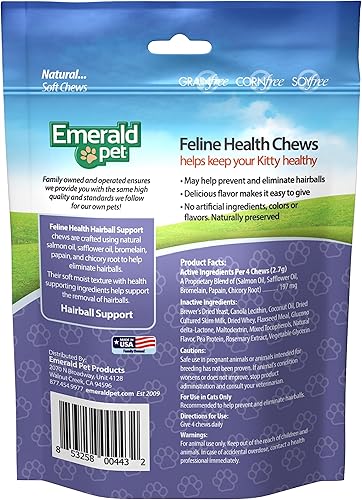 Miniatura 2 de Emerald Pet Feline Health Chews - Soporte de bola de pelo - Masticables de control de bolas de pelo felino sin granos naturales - Suplementos
