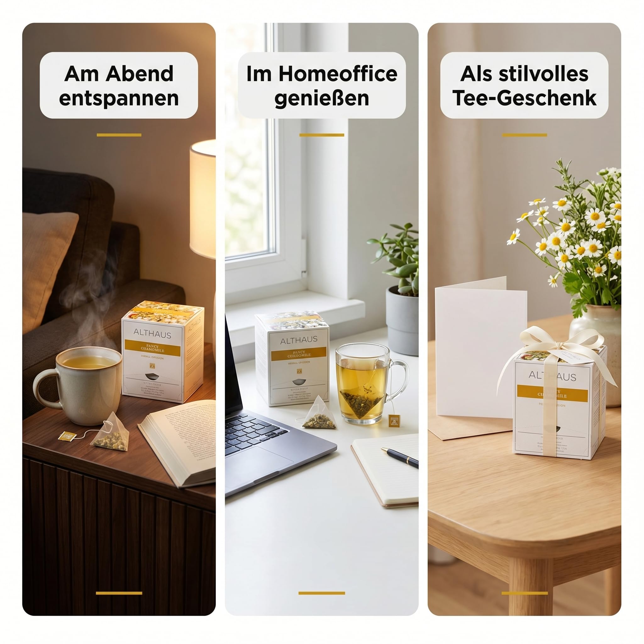 Althaus Kamillentee Fancy Chamomile, 4 Packungen mit je 15 Beuteln, Loser Tee in Pyramidenbeutel