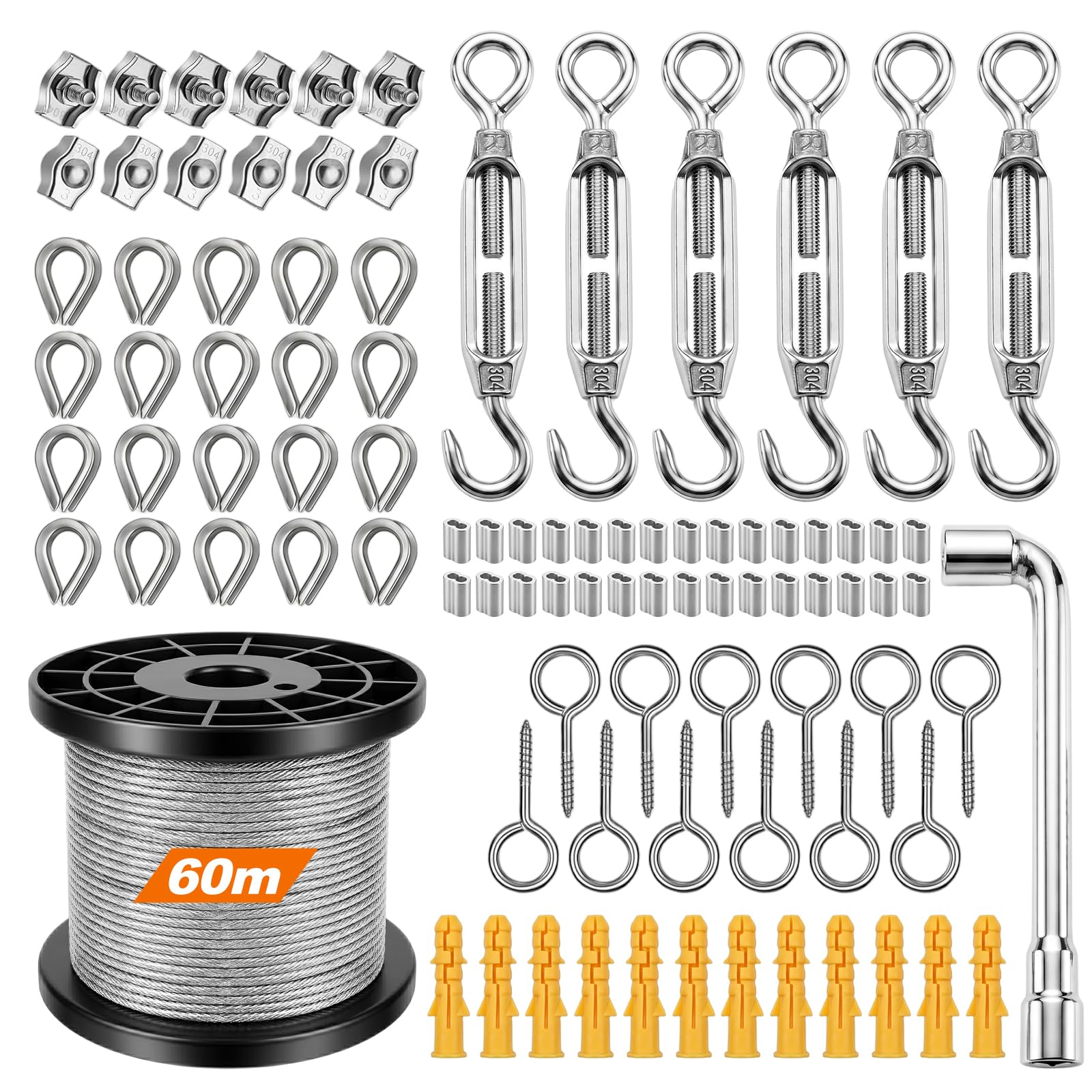 60 m Drahtseil 2 mm Set 94 Teile, PVC Edelstahlseil 304 mit Spannschrauben Seilklemmen Presshülsen, Stahlseil Garten Kletterpflanzen Rankgitter Zaun, Lichterketten Wäscheleine, wetterfest rostfrei DIY