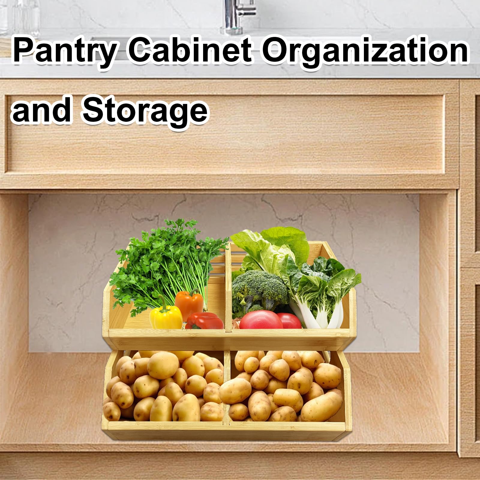 Confezione da 2 contenitori impilabili per verdure, organizer da cucina e dispensa, per frutta, verdura, prodotti, pane, patate, cipolle e snack, contenitori da cucina in bambù