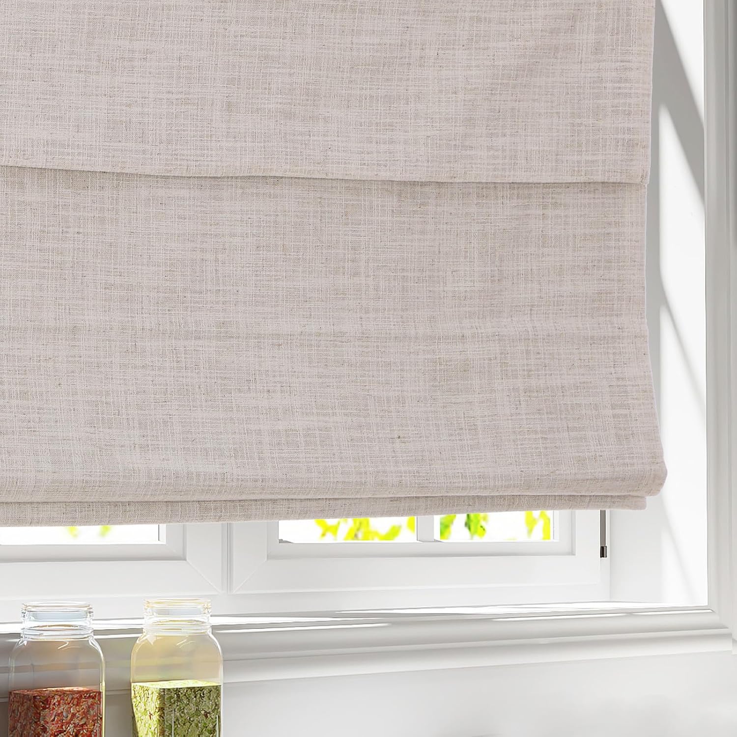 Cordless Roman Shades, Linen White Custom Blackout Light Filtering Window Roman Blinds, Linen Fabric Roman Shades for Windows, French Doors, Doors, Kitchen Windows