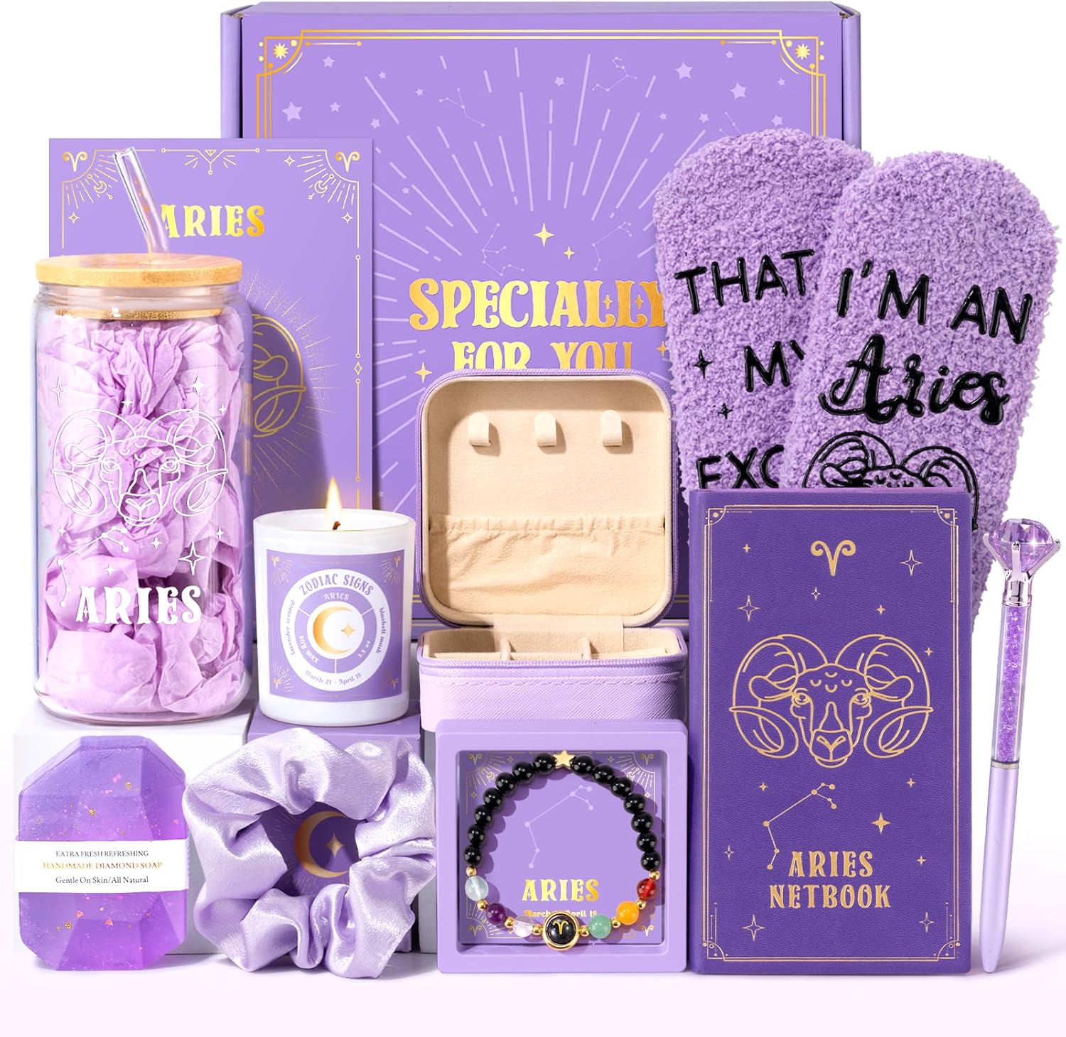 Aries Birthday Gifts for Women, 12PCS Purple Zodiac Gift Baskets for Women with 16 oz Aries Glass Cup Candle Mini Jewelry Gift Box, Unique Womens Birthday Gifts for Best Friend, Her, Mom, Sister