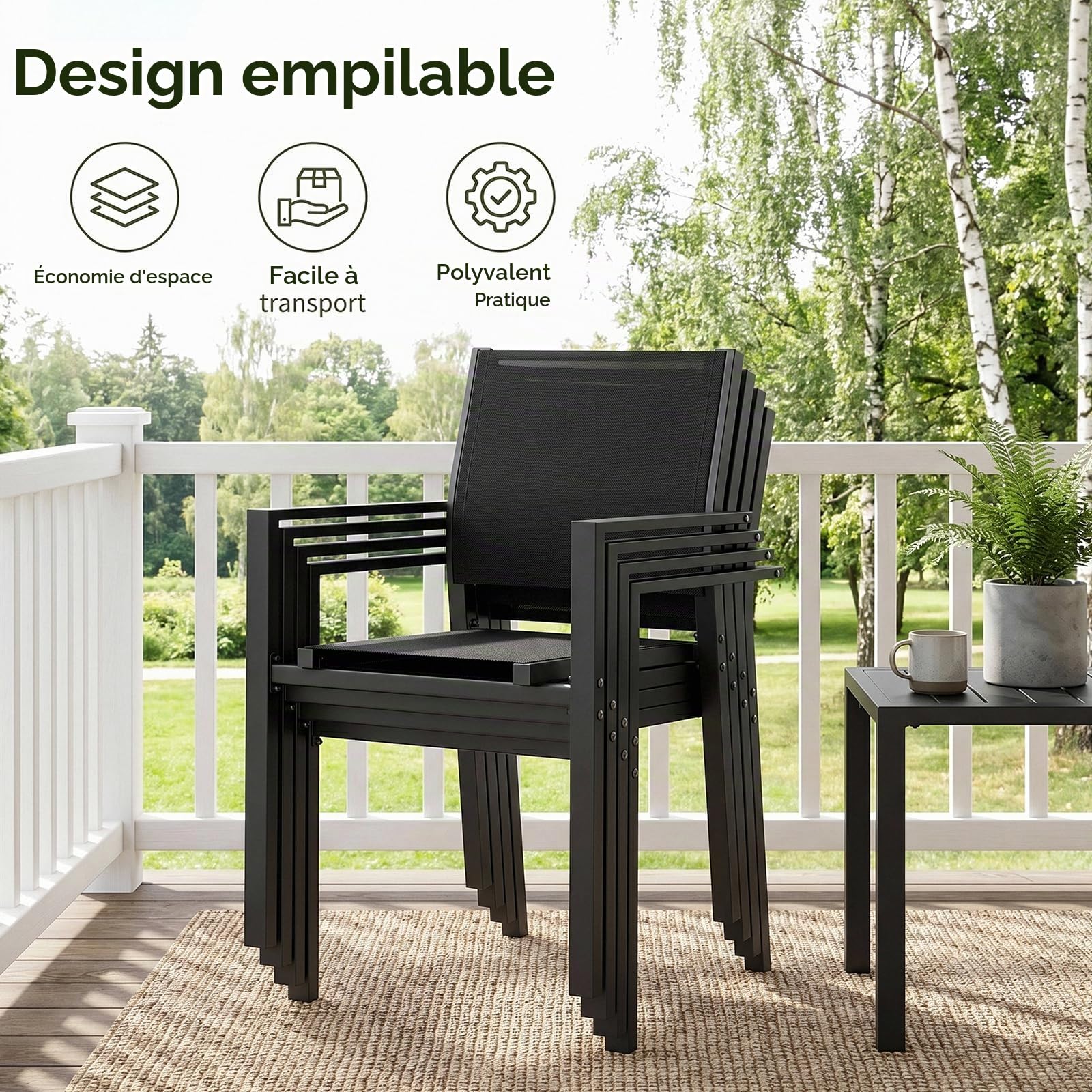 LIFERUN Lot de 4 chaises de Jardin, chaises empilables d'extérieur Respirant avec accoudoirs, Chaise de Salle à Manger en métal et Teslin, pour Jardin, Piscine, terrasse, jusqu'à 120 kg, Noir, 4 PCS