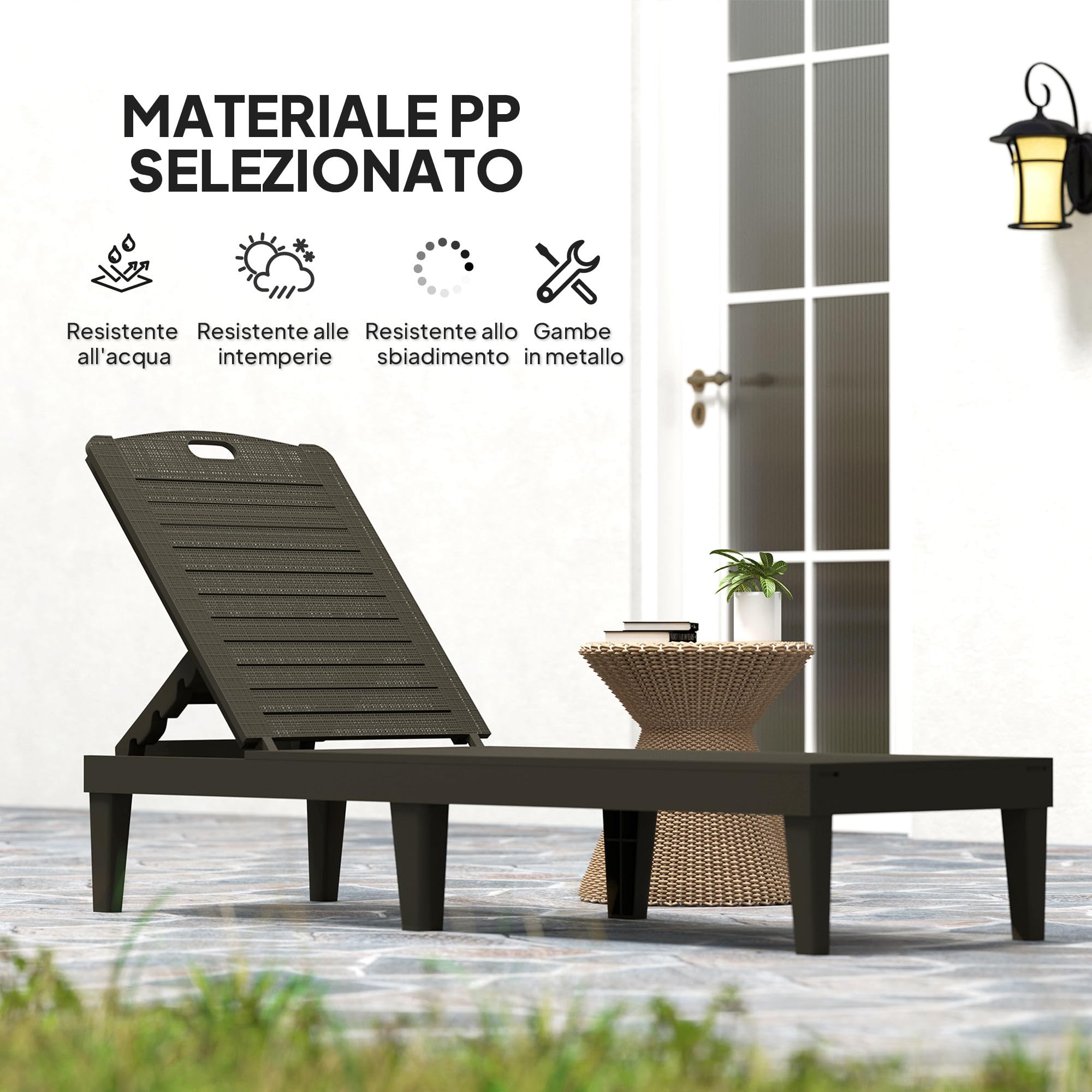 Outsunny Set di 2 Lettini Prendisole da Giardino con Schienale Regolabile su 4 Livelli, Sdraio da Giardino Impermeabile con Effetto Rattan a Doghe in PP, per Spiaggia, Piscina, 56x187x28cm, Nero