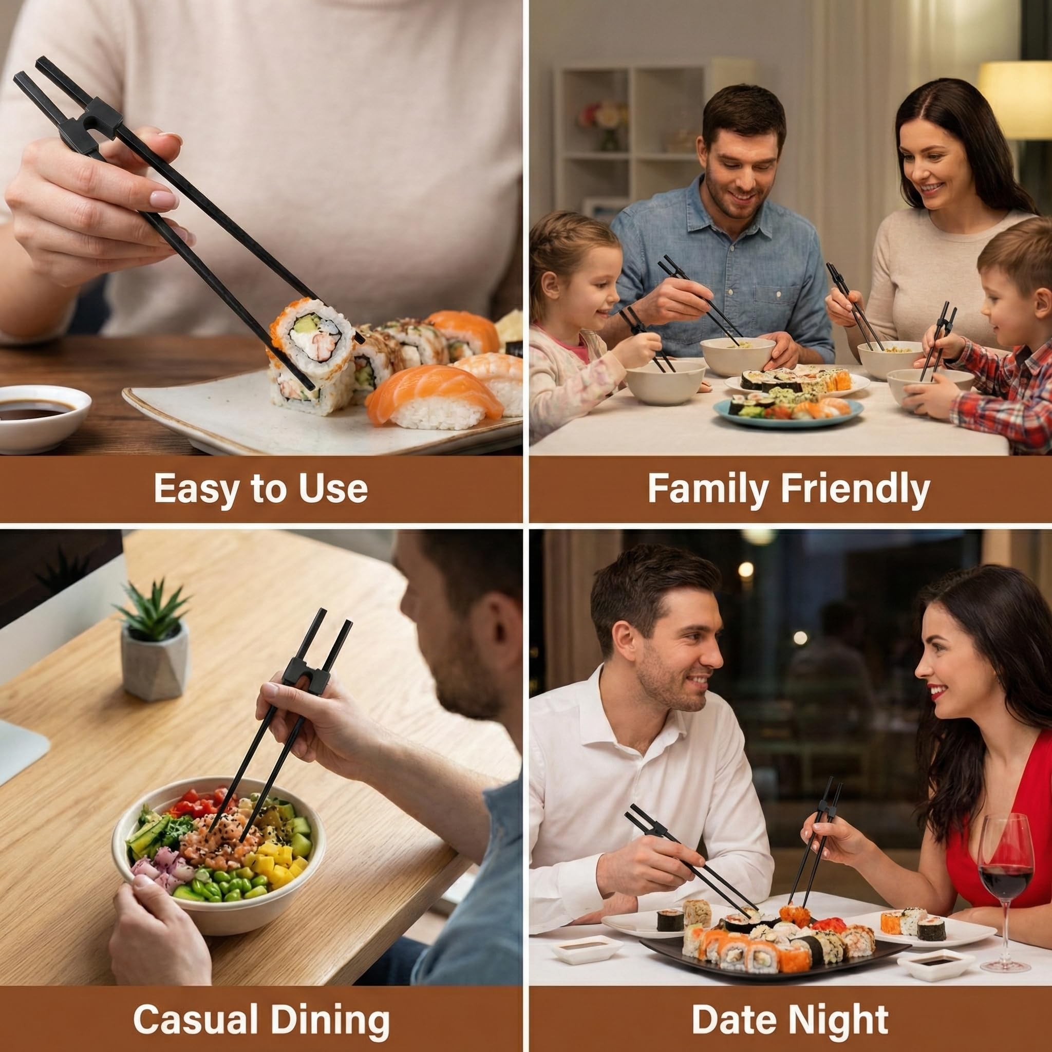Juego de 8 pares de palillos de fibra de vidrio reutilizables (24 cm) + 8 entrenadores de palillos, palillos antideslizantes de sushi japonés, palillos de aleación negra con bisagra de plástico p