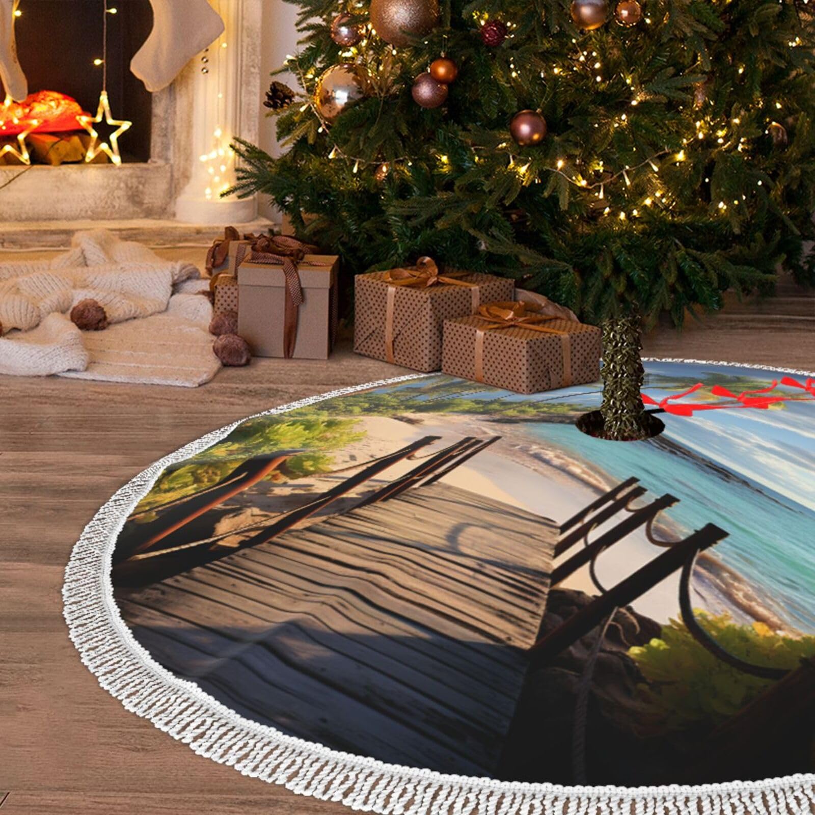 Jupe de sapin de Noël à pompons avec motif de palmiers tropicaux de 91 cm