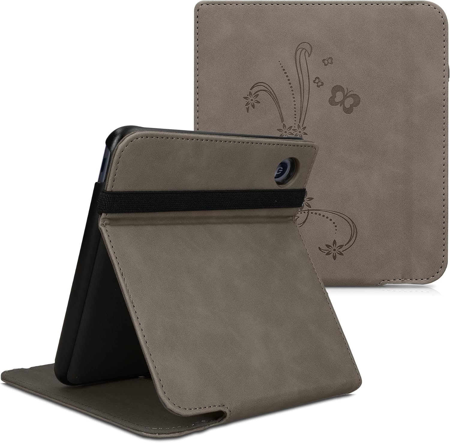 kwmobile Cover Compatible with Kobo Libra Colour - Faux Nubuck Leather e-Reader Case with Built-in Hand Strap and Stand - Butterfly Tendril Grey