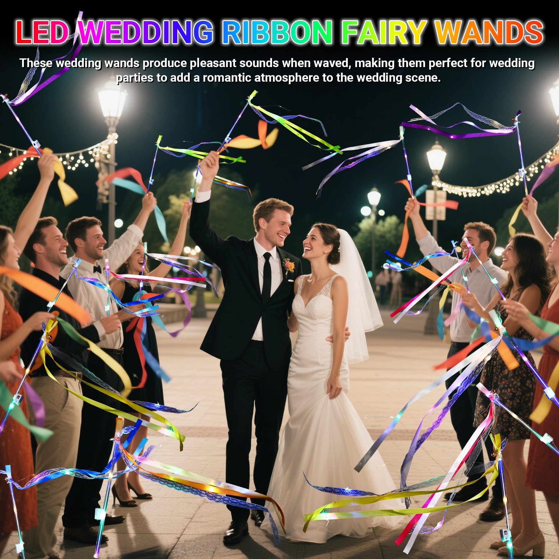 60 varitas iluminadas, cintas de boda con 3 modos intermitentes, varitas de hadas de seda LED con campanas para recuerdos de boda, Pascua, 4 de julio, decoración de cumpleaños (colorido)