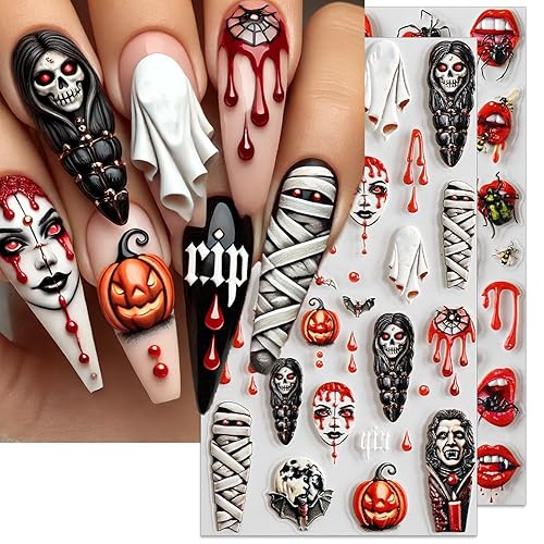 IDDFEVE Halloween Vampire Nail Stickers, Embossed Mummy 5D Self-Adhesive Nail
