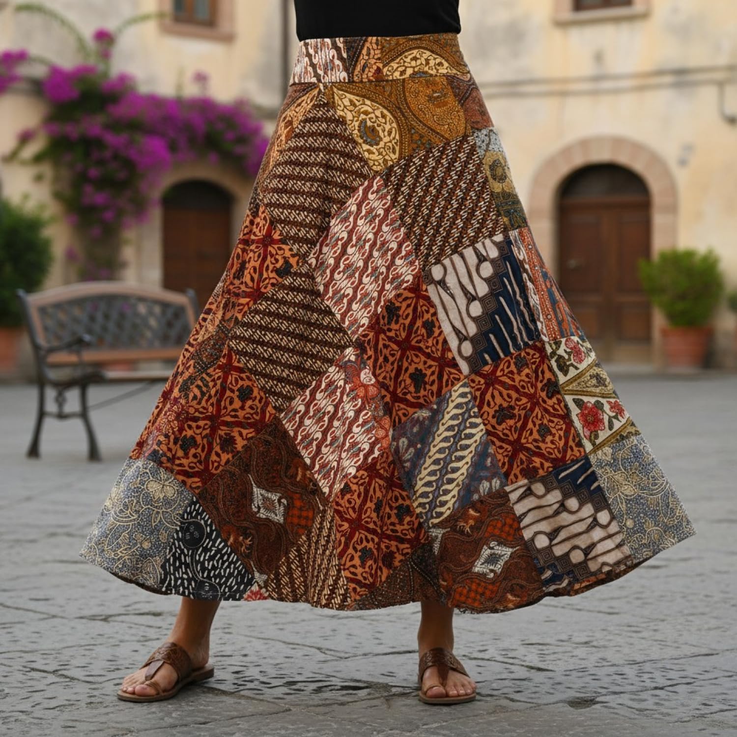 Weit schwingender upcycling Patchwork Wickelrock, Maxirock, rosa/rot | Baumwolle, luftiger Schnitt, flexible Passform, nachhaltiges Design, vielseitig kombinierbar, ideal für Sommer