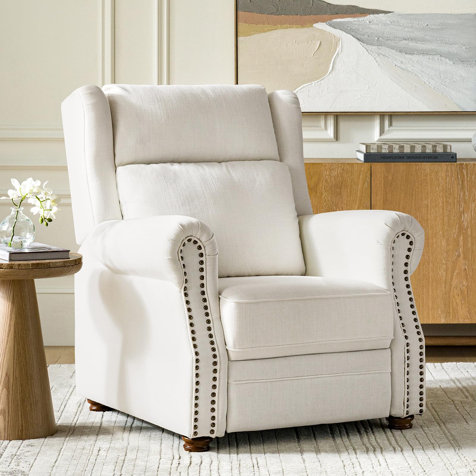 Fabric Manual Recliner Armchair Push Back Design with Adjustable Footrest Traditional Nailhead Trim Upholstered Single Sofa for Living