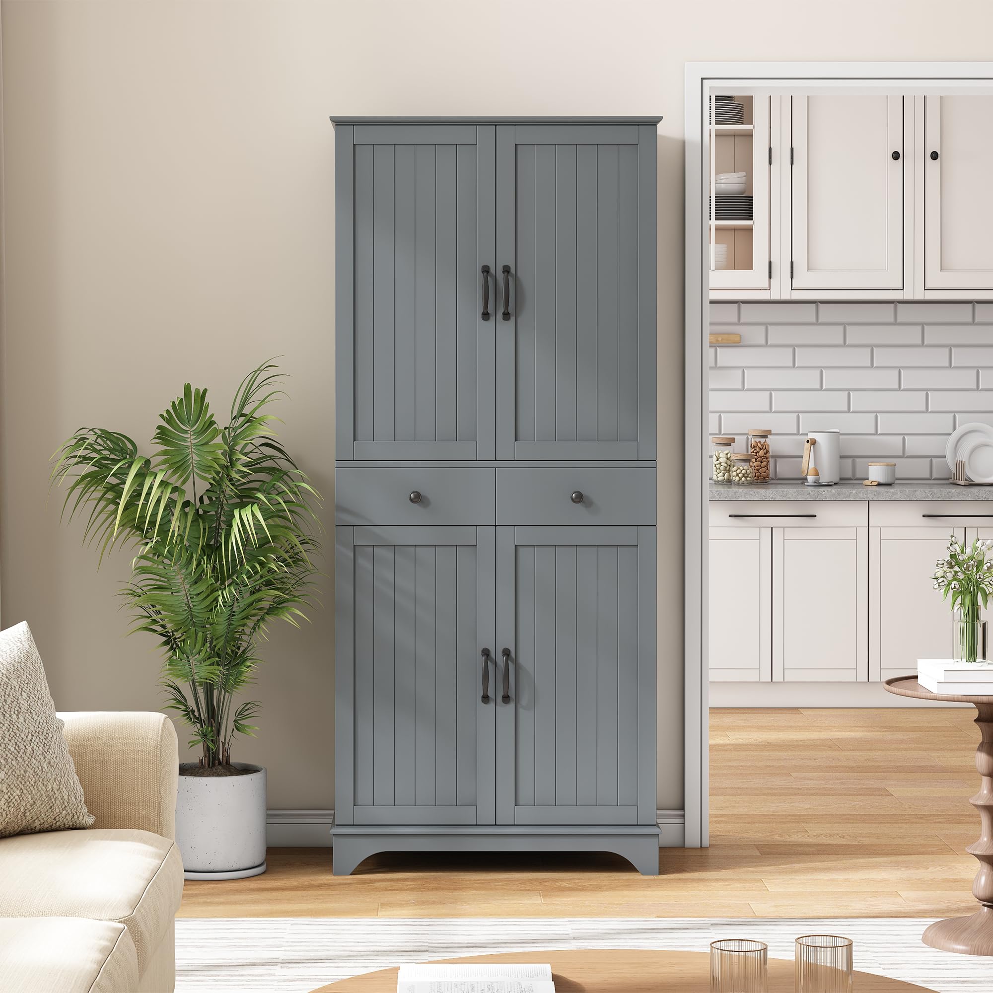 Armario alto con estantes ajustables y cajones, estantería con estantes extensibles y puertas de frigorífico, ideal para comedor, salón y cocina (gris)