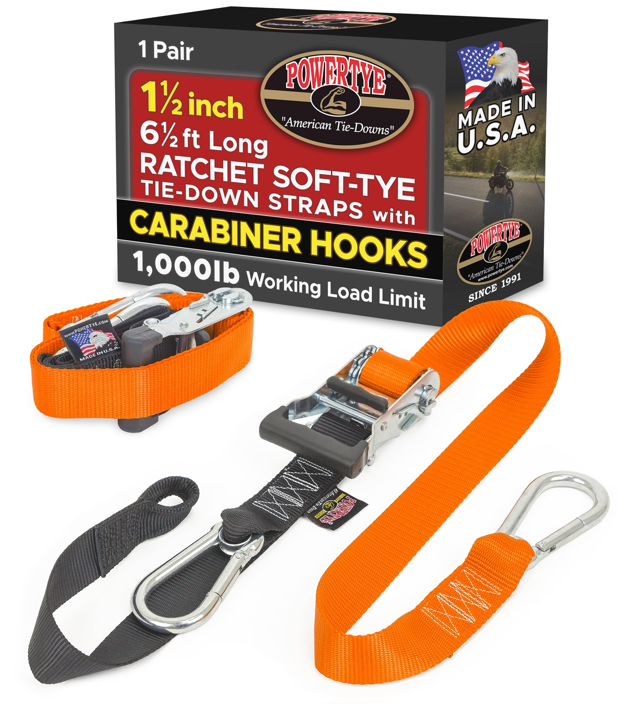 PowerTye 1.5 inch x 6.5ft Ratchet Straps w/Carabiners, Orange/Black Pair