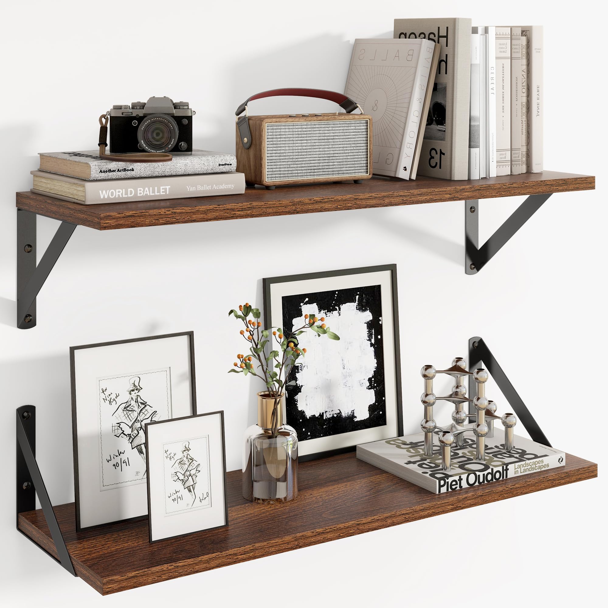 Axeman Walnut Floating Shelves | 60cm x 20cm Wood Wall Mounted Shelves Set of 2 | Rustic Walnut Shelves for Living Room Bedroom Bathroom — image 1