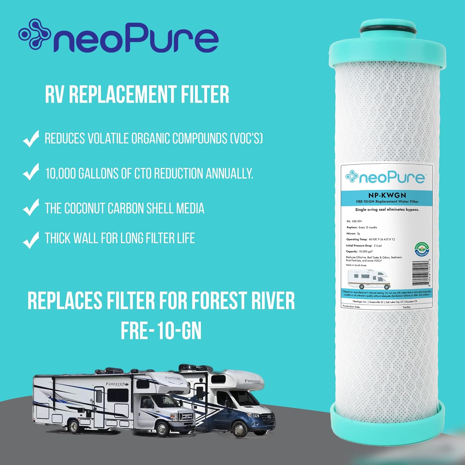 Neo-Pure RV Replacement Filter for Forest River FRE-10-GN (2.5 x 10") RV Water Filter Activated Carbon Block Push-Nipple Cartridge Replaces FRE-10-BN(2PK)