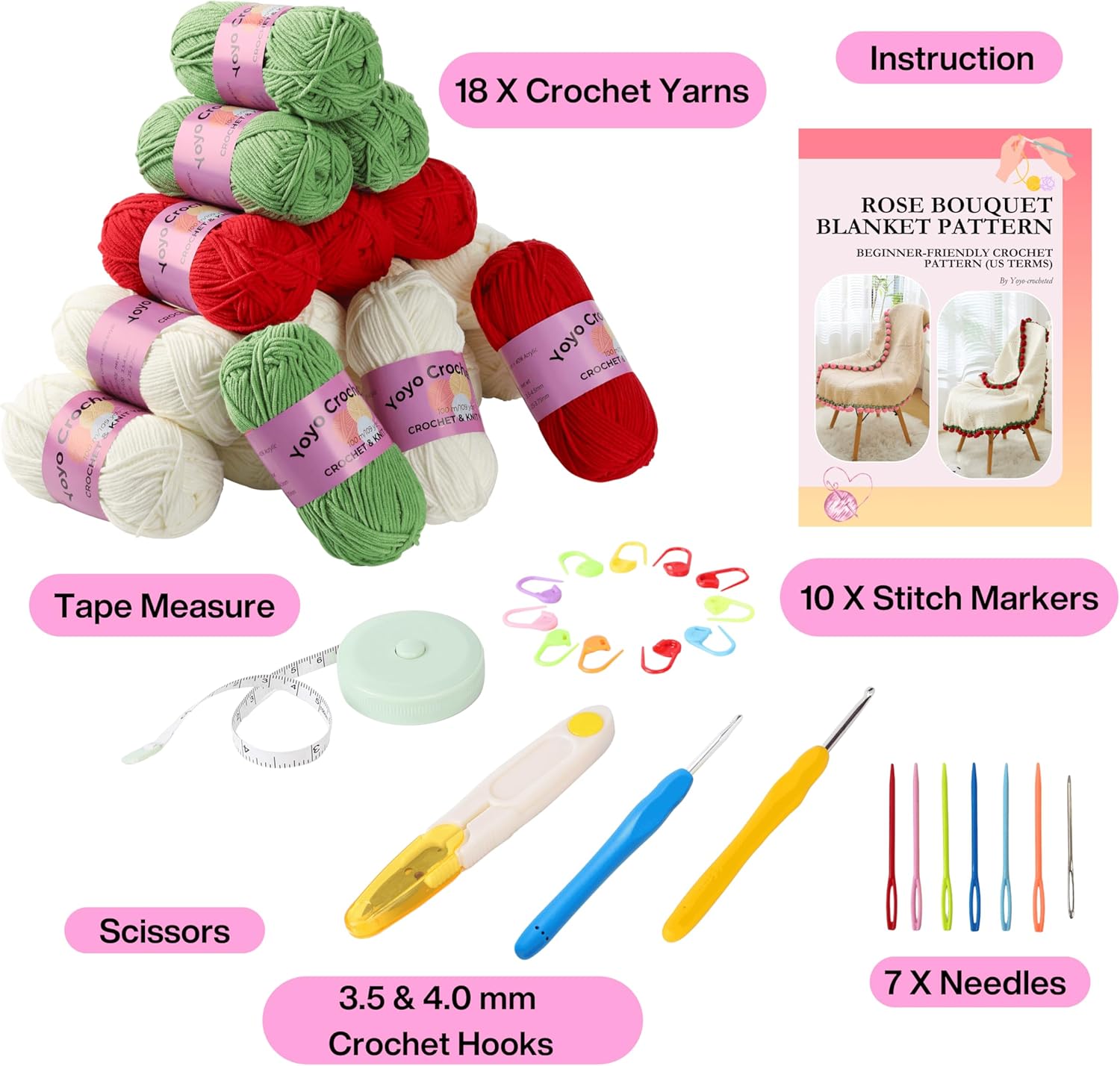 Yoyo Crocheted Rose Blanket Kit for Beginners, 40 inches Flower Bouquet Shawl Kits for Adults, Learn How to Knit with Yarn, Hook & Instructions, DIY Gifts for Women (Red Rose Bouquet Blanket Kits)