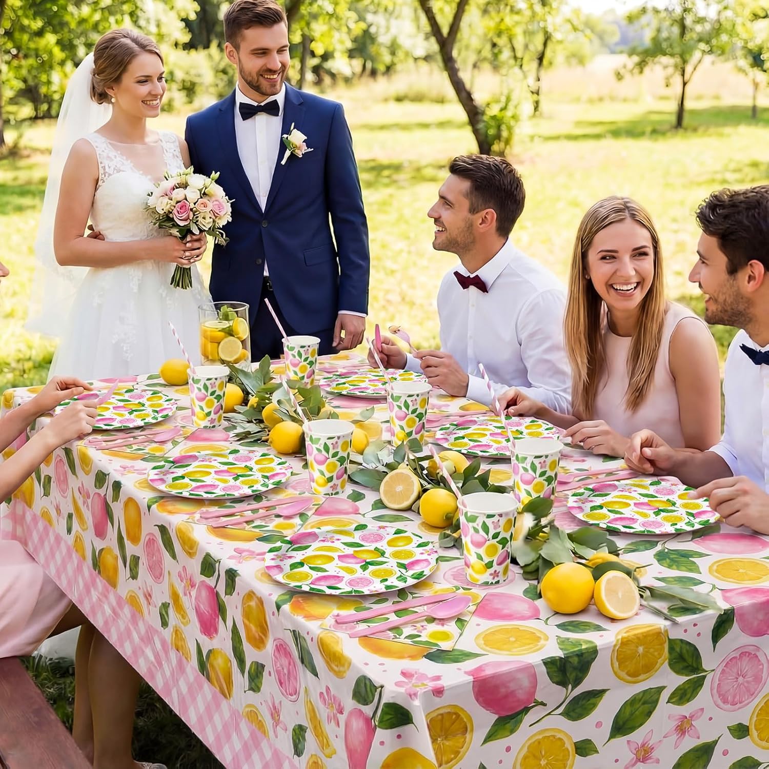 Vesici 452 Pcs Pink Lemon Party Supplies Lemon Party Tableware Set with 9 Inch 7 Inch Plates Napkins Tablecloths 9oz Cups Cutlery Straws for Summer Birthday Baby Shower Bridal Shower, 50 Guests